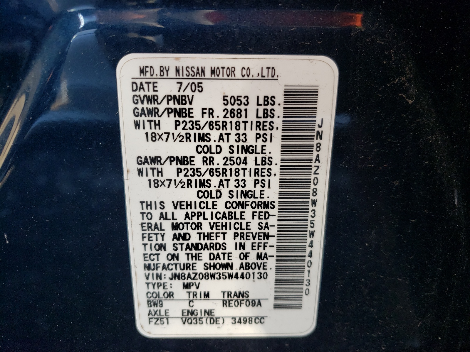 Photo 10 from auction – 2005 NISSAN MURANO with VIN JN8AZ08W35W440130