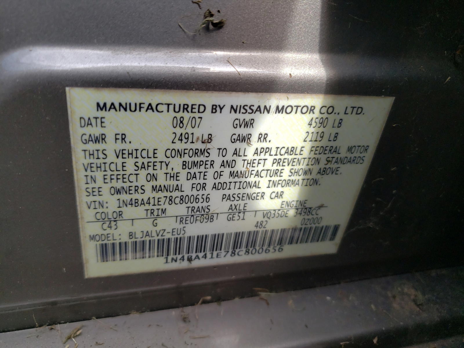 Photo 10 from auction – 2008 NISSAN MAXIMA SE with VIN 1N4BA41E78C800656
