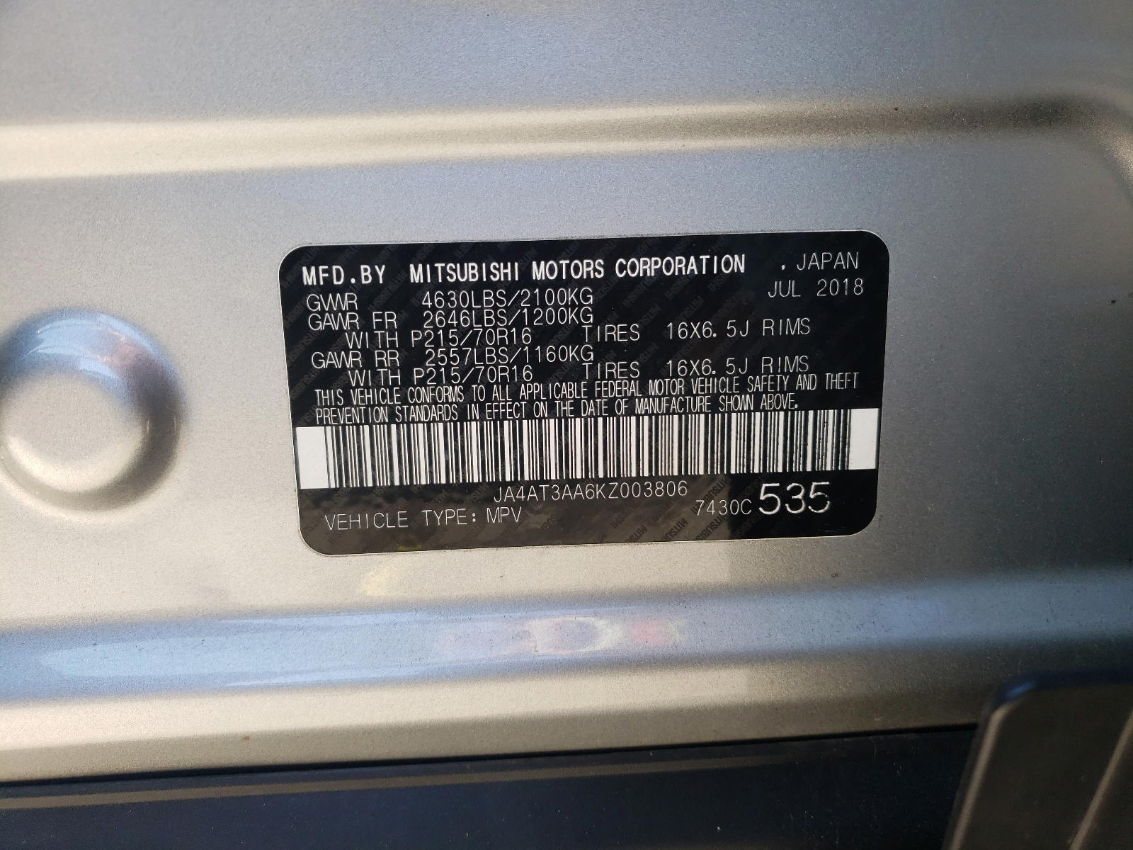 Photo 10 from auction – 2019 MITSUBISHI ECLIPSE CR with VIN JA4AT3AA6KZ003806