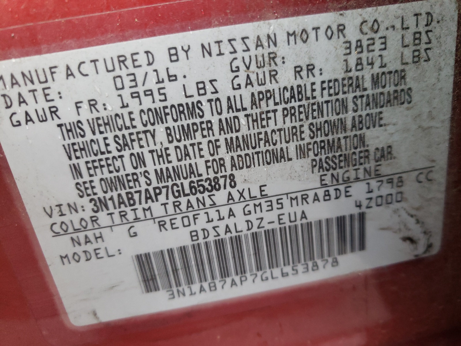 Photo 10 from auction – 2016 NISSAN SENTRA S with VIN 3N1AB7AP7GL653878