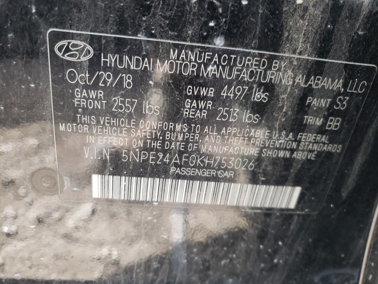 Photo 10 from auction – 2019 HYUNDAI SONATA SE with VIN 5NPE24AF0KH753026