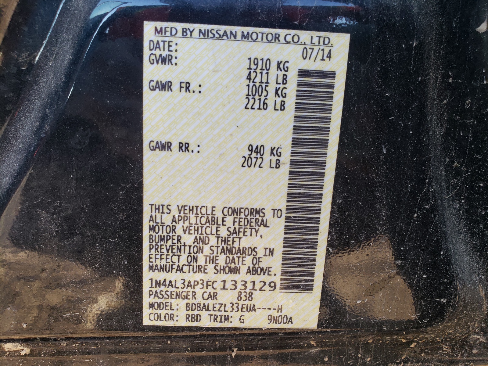 Photo 10 from auction – 2015 NISSAN ALTIMA 2.5 with VIN 1N4AL3AP3FC133129