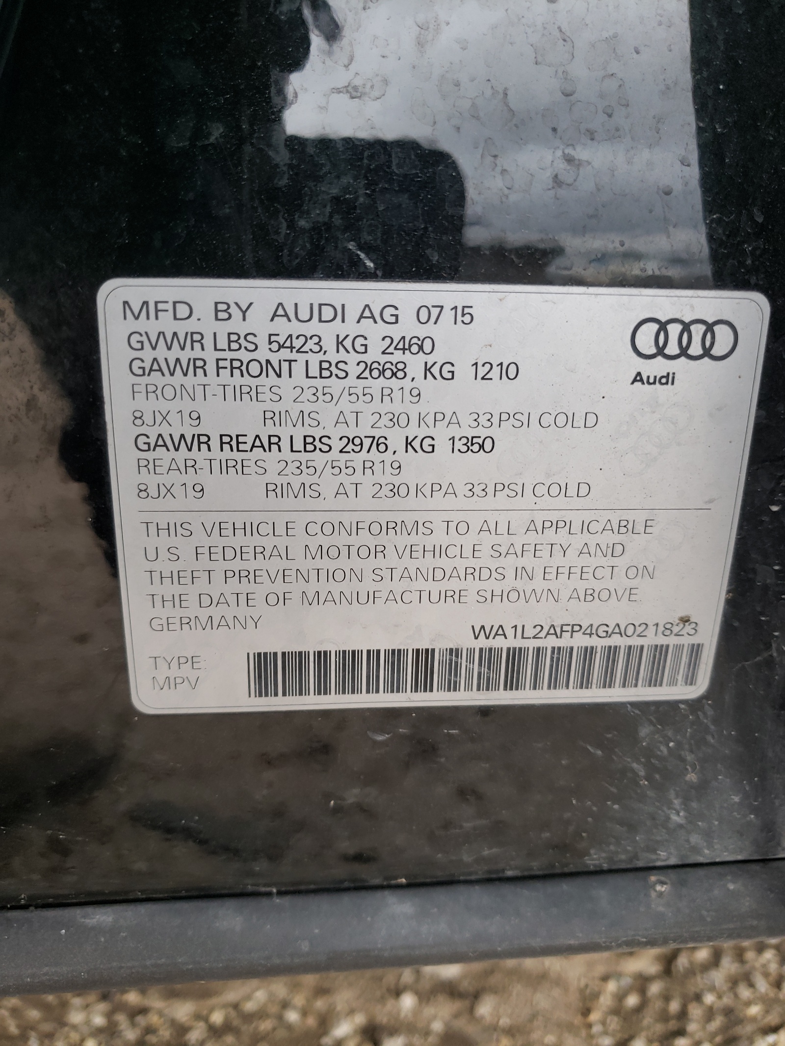 Photo 10 from auction – 2016 AUDI Q5 PREMIUM with VIN WA1L2AFP4GA021823