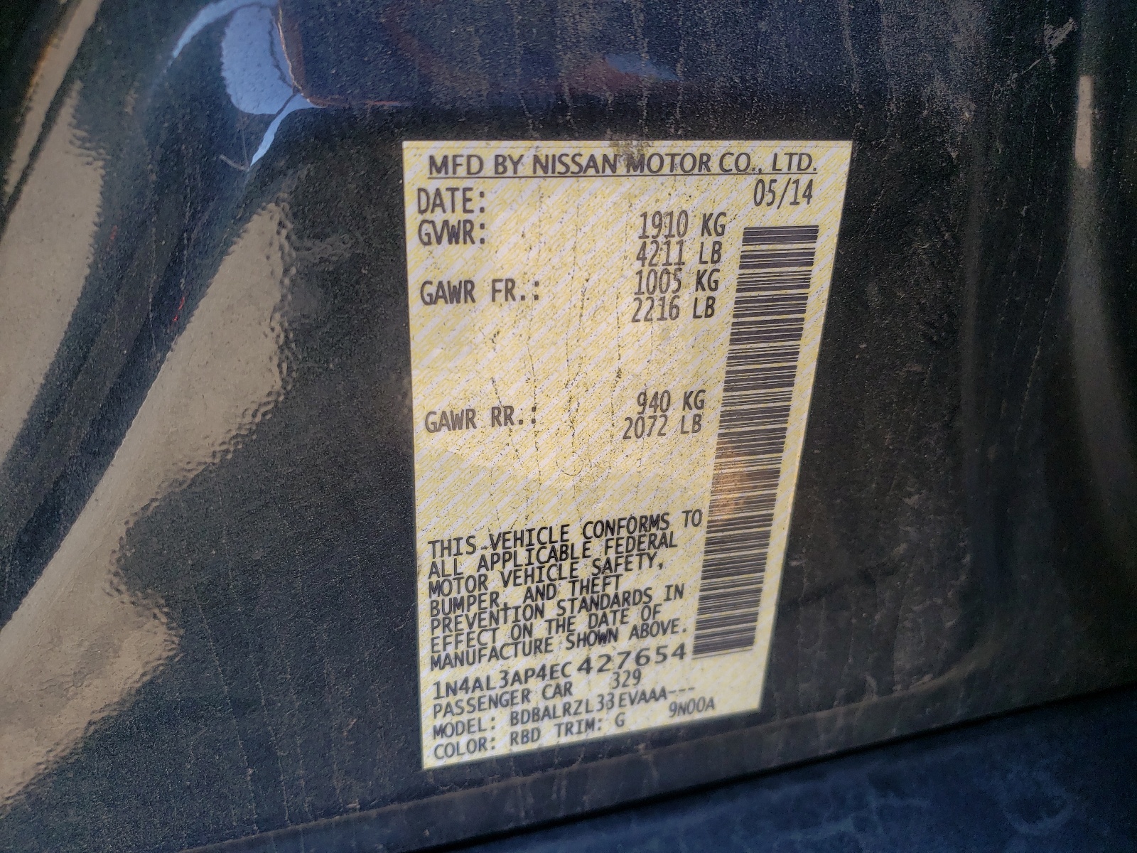 Photo 10 from auction – 2014 NISSAN ALTIMA 2.5 with VIN 1N4AL3AP4EC427654