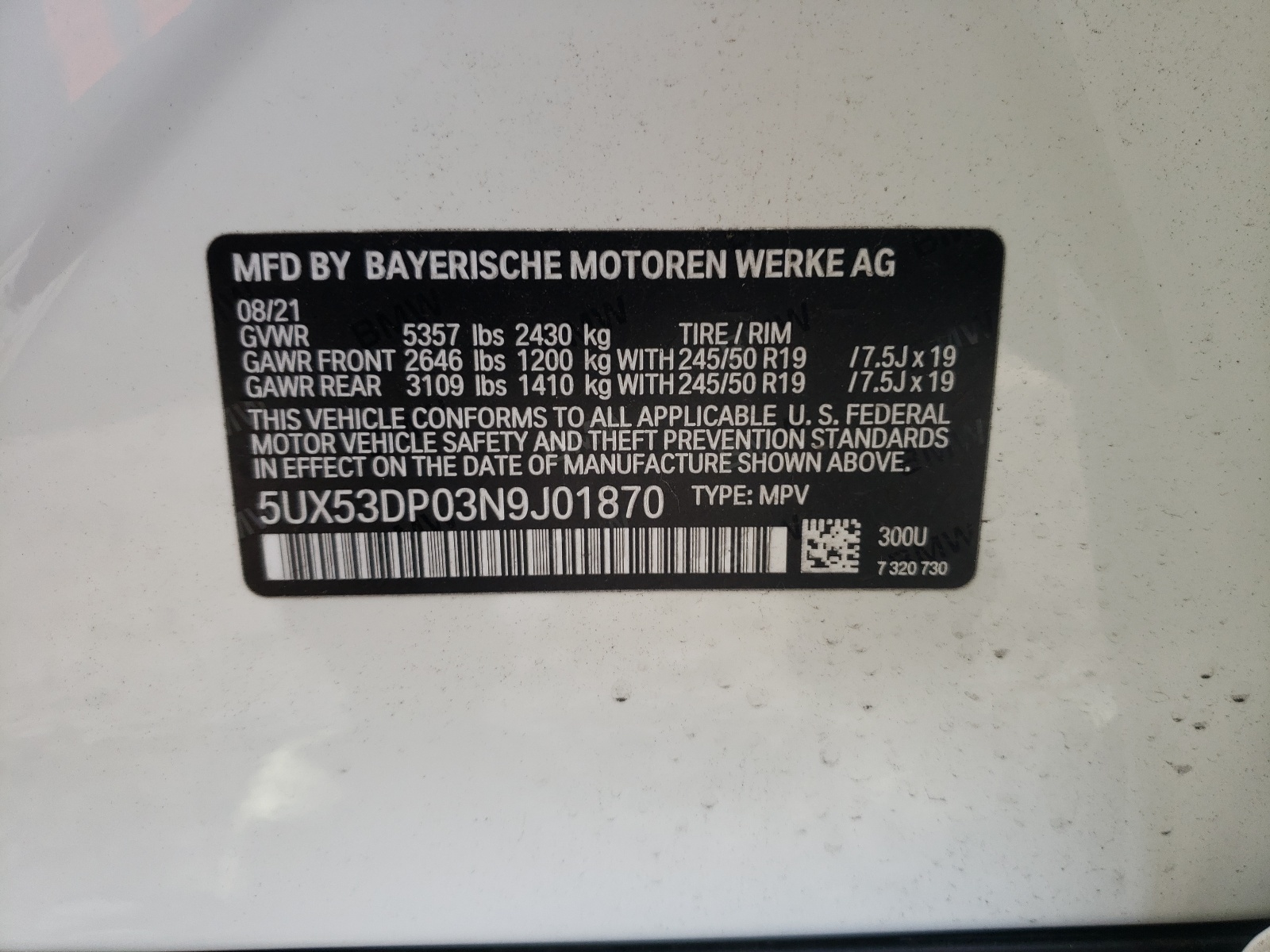 Photo 10 from auction – 2022 BMW X3 XDRIVE3 with VIN 5UX53DP03N9J01870