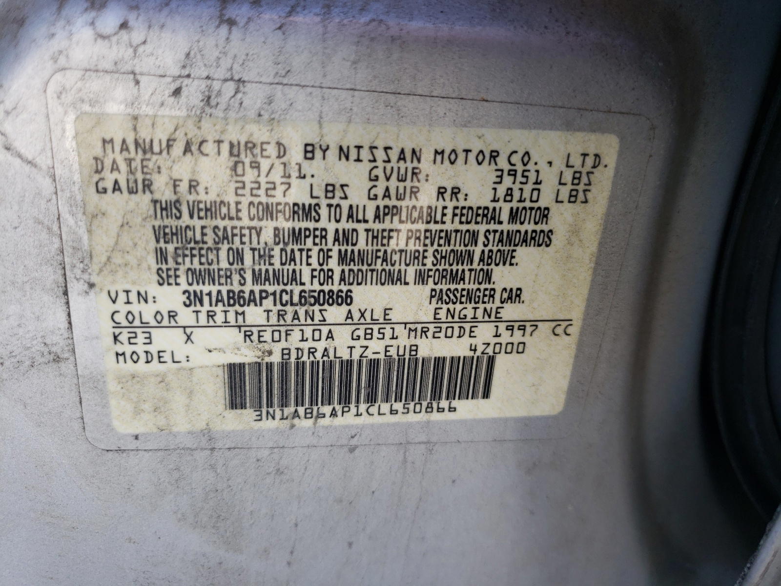 Photo 10 from auction – 2012 NISSAN SENTRA 2.0 with VIN 3N1AB6AP1CL650866