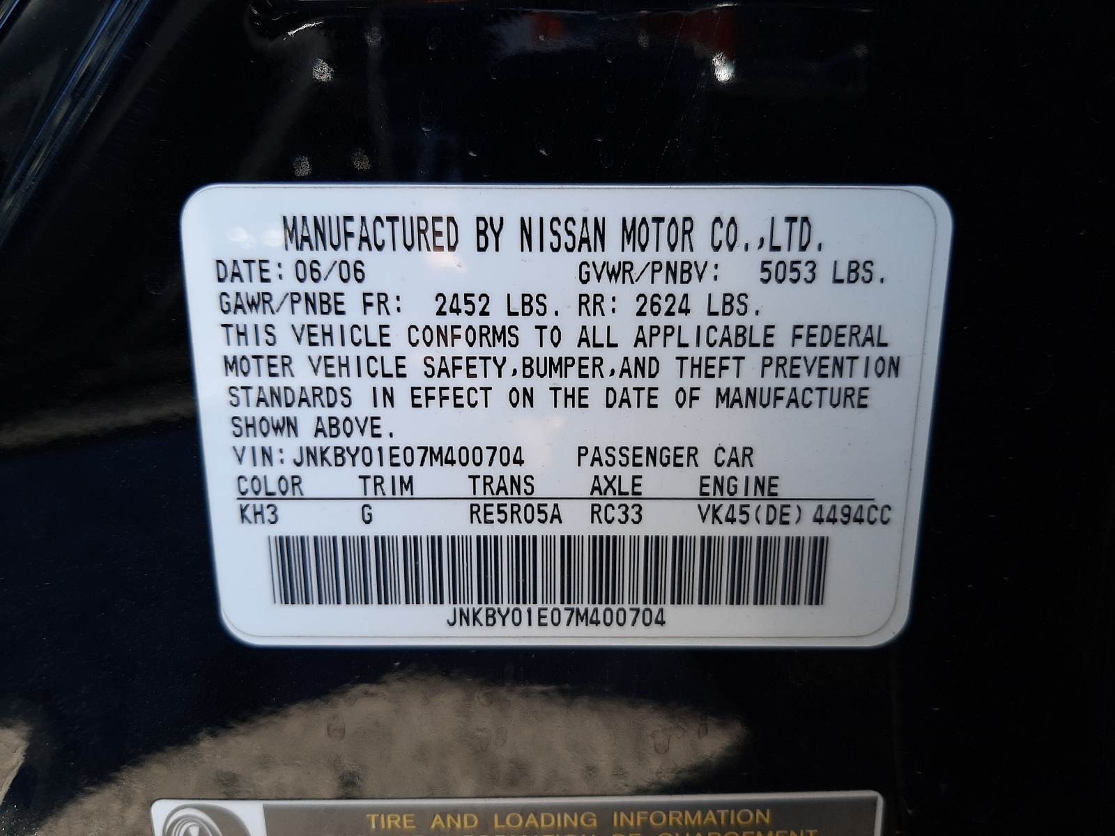 Photo 10 from auction – 2007 INFINITI M45 BASE with VIN JNKBY01E07M400704
