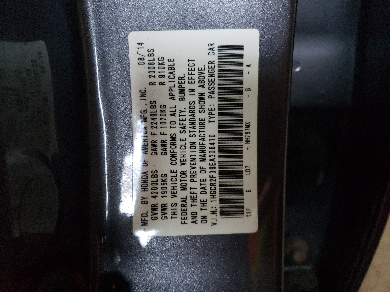 Photo 10 from auction – 2014 HONDA ACCORD LX with VIN 1HGCR2F39EA306410
