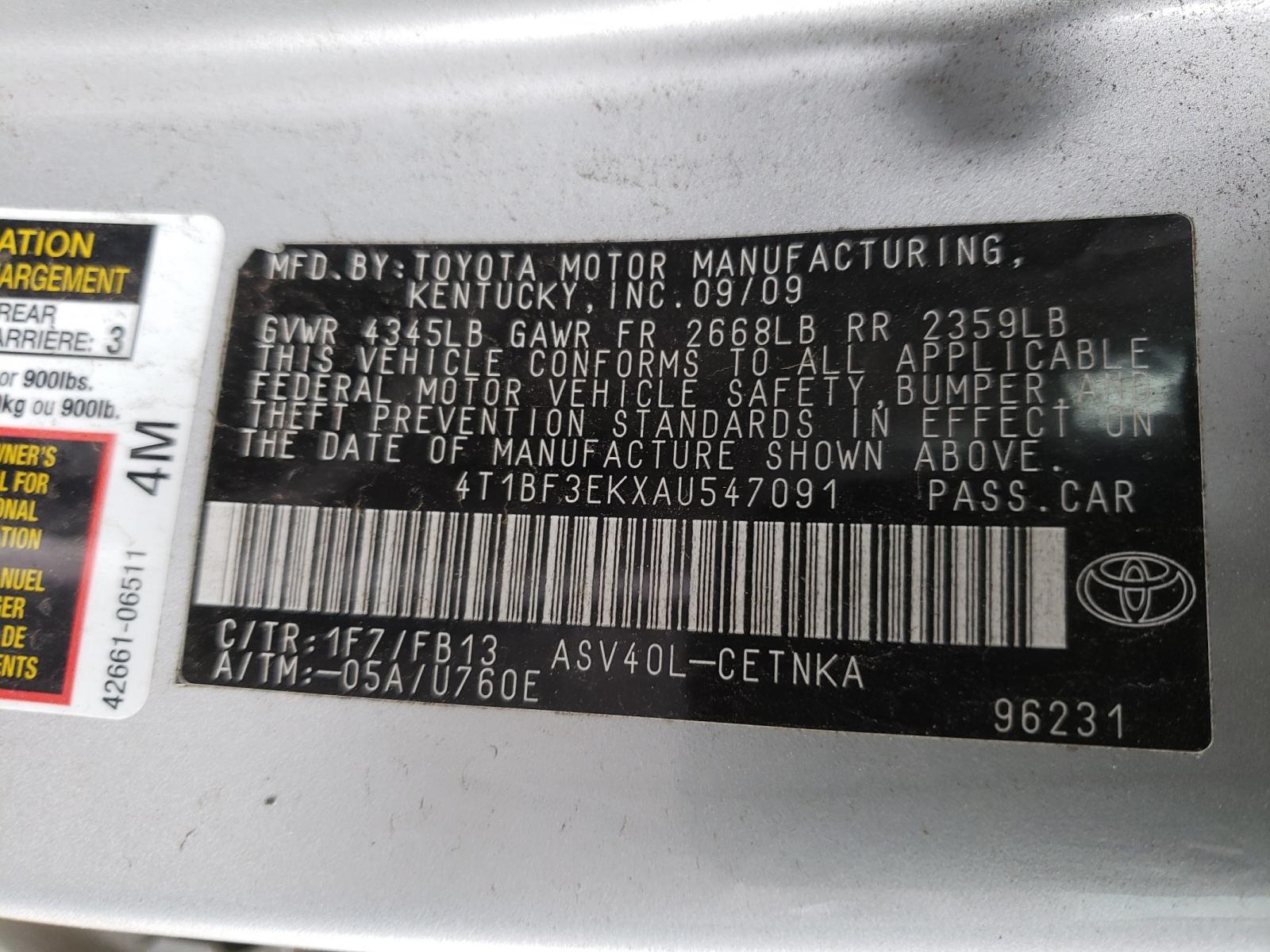 Photo 10 from auction – 2010 TOYOTA CAMRY BASE with VIN 4T1BF3EKXAU547091