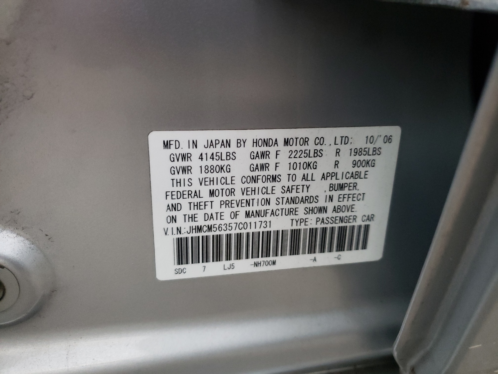 Photo 10 from auction – 2007 HONDA ACCORD SE with VIN JHMCM56357C011731