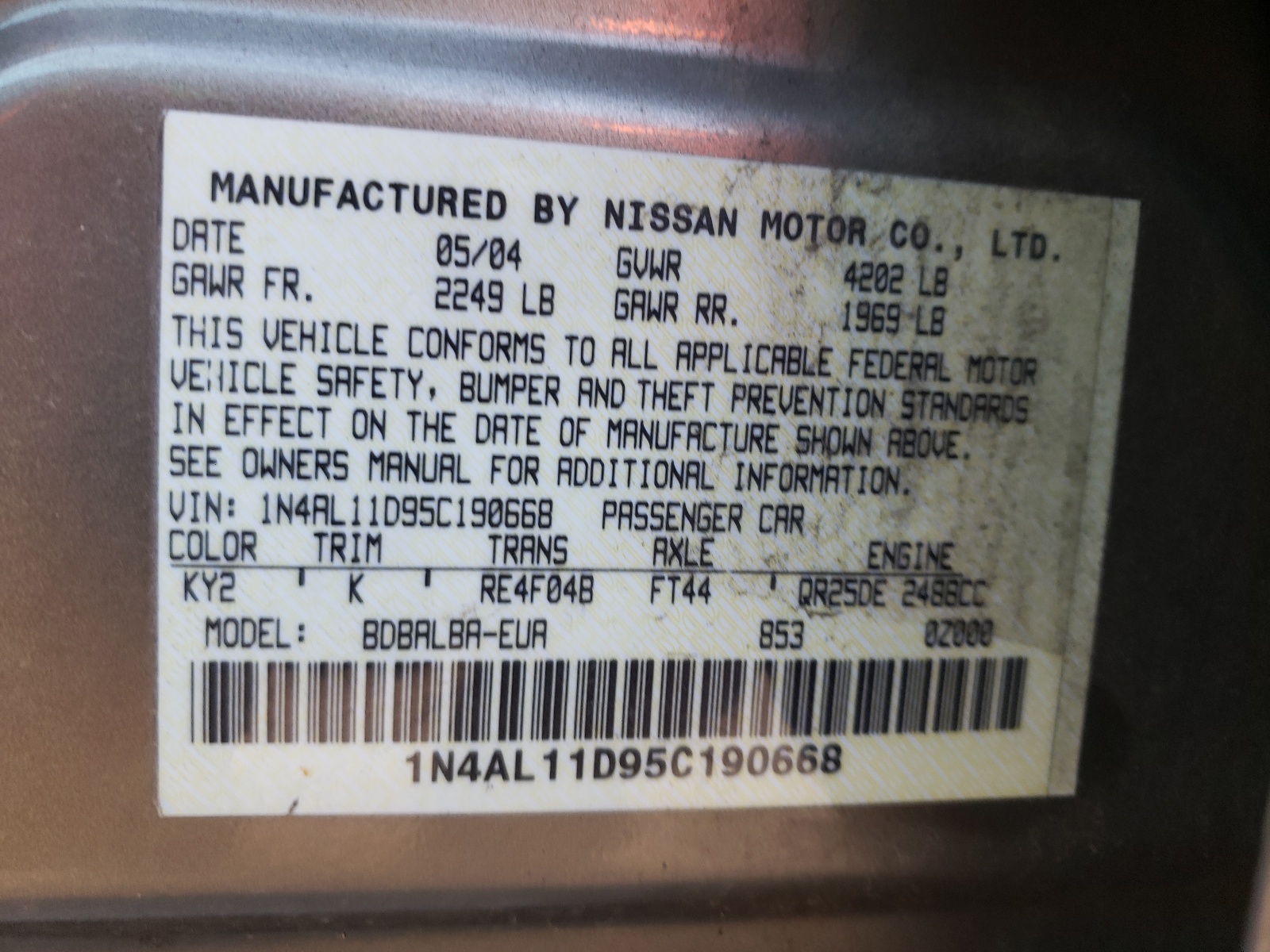 Photo 10 from auction – 2005 NISSAN ALTIMA S with VIN 1N4AL11D95C190668