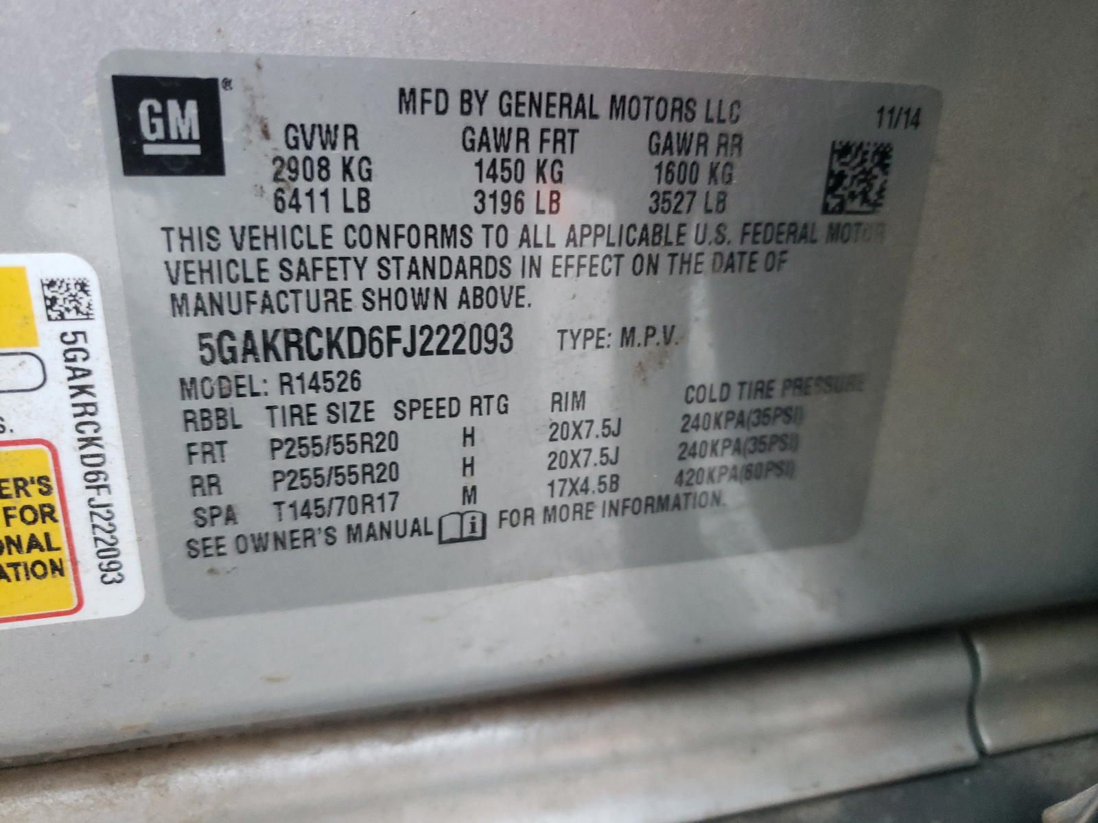 Photo 10 from auction – 2015 BUICK ENCLAVE with VIN 5GAKRCKD6FJ222093