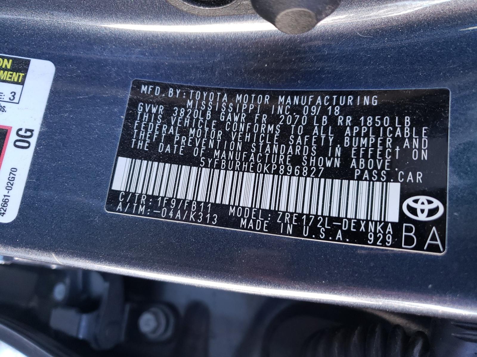 Photo 10 from auction – 2019 TOYOTA COROLLA L with VIN 5YFBURHE0KP896827