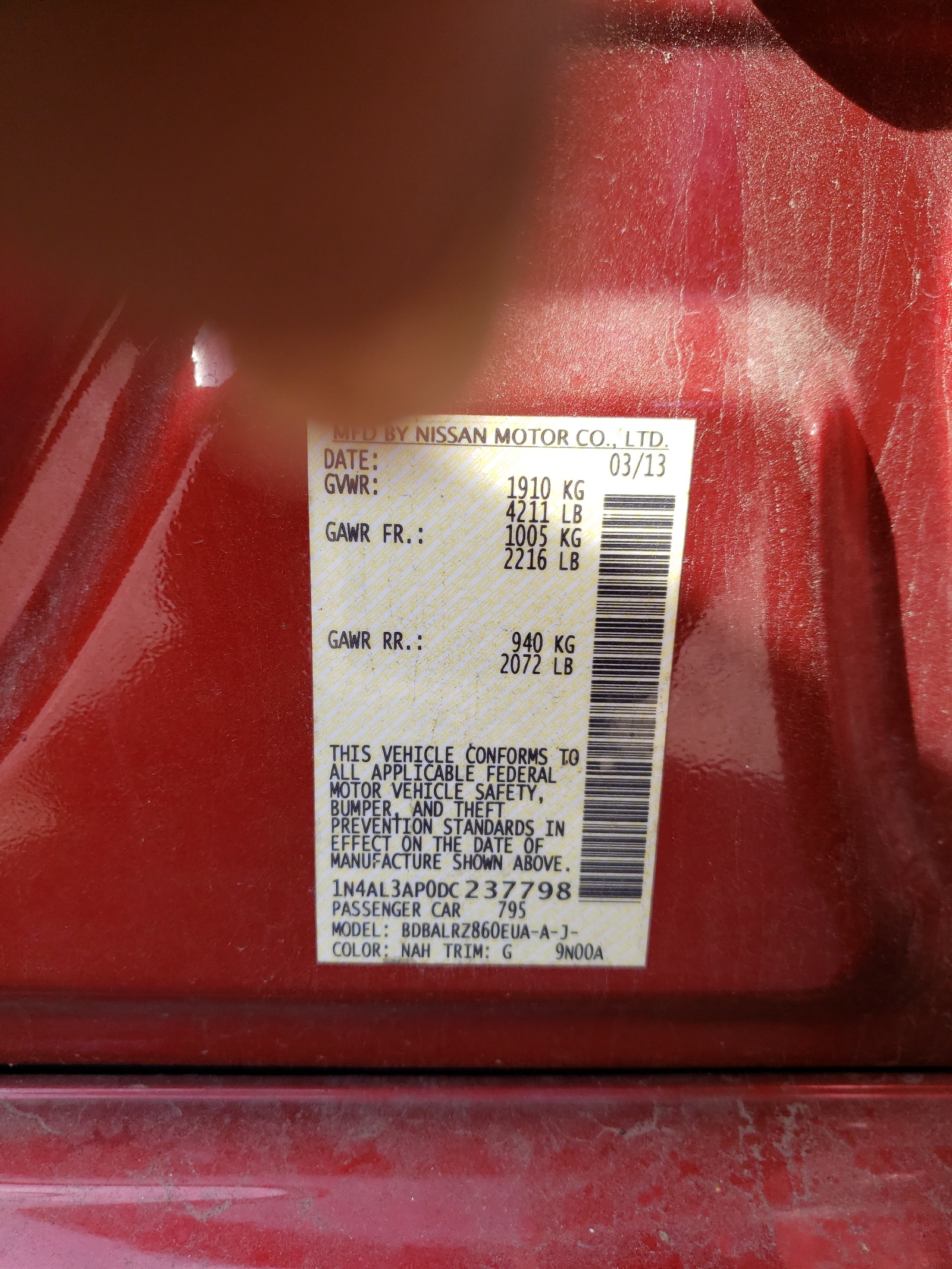 Photo 10 from auction – 2013 NISSAN ALTIMA 2.5 with VIN 1N4AL3AP0DC237798