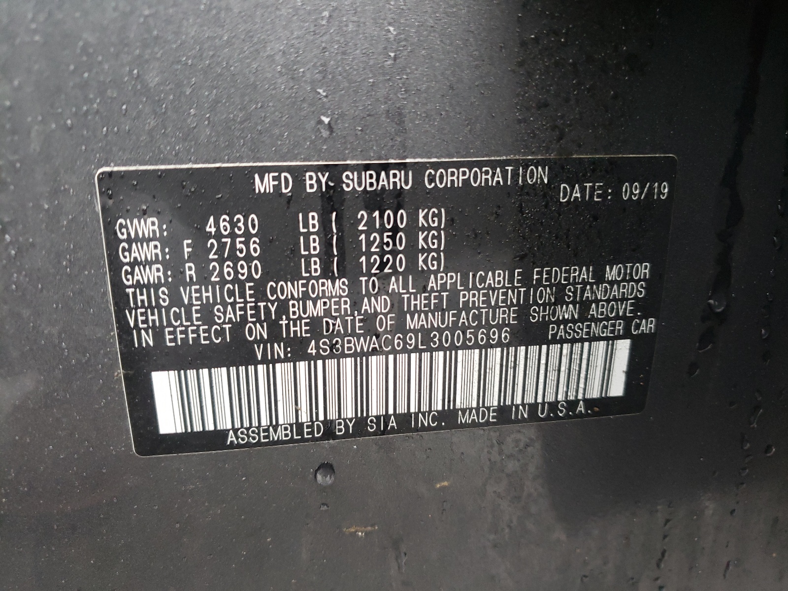 Photo 10 from auction – 2020 SUBARU LEGACY PRE with VIN 4S3BWAC69L3005696