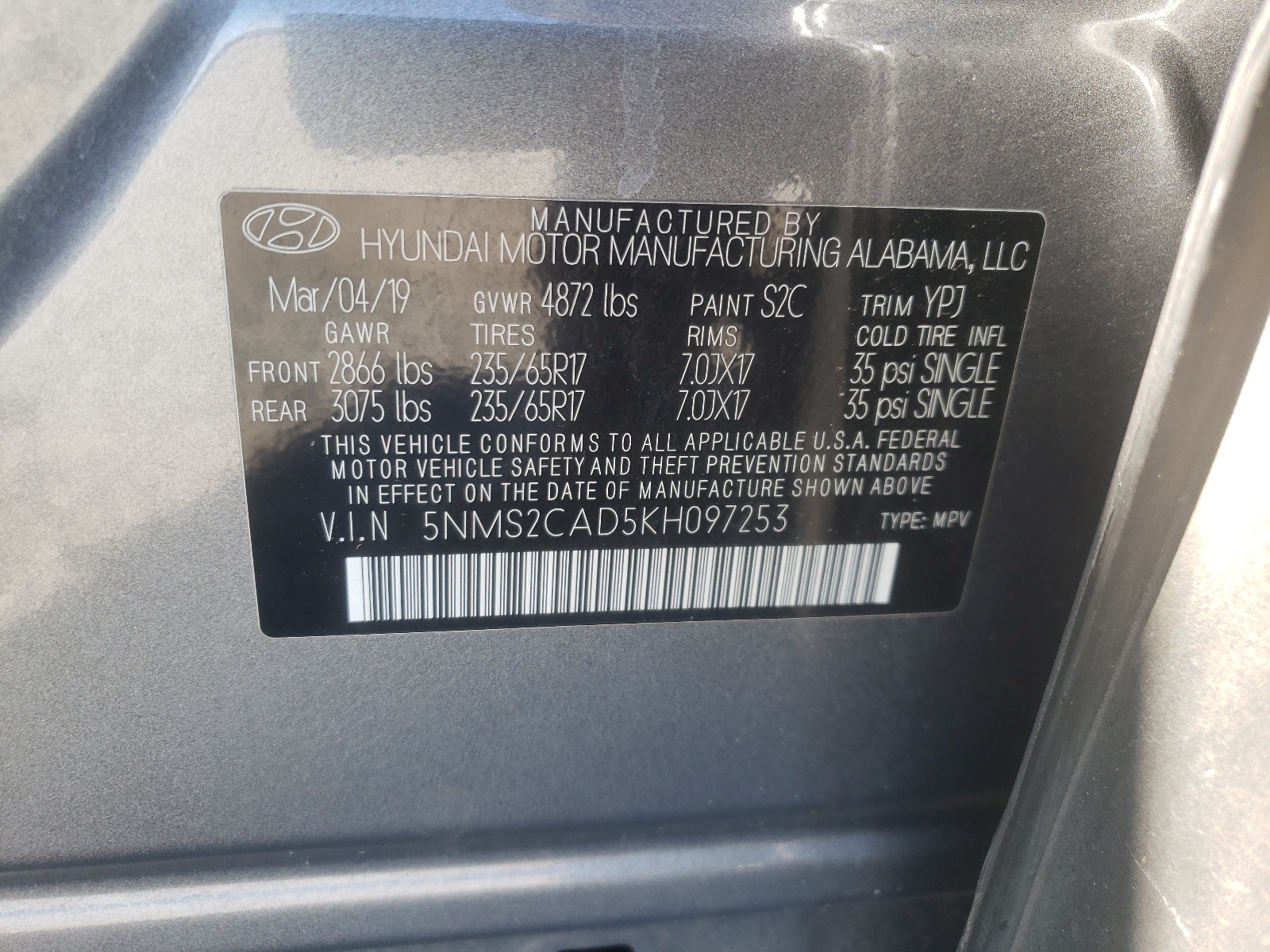 Photo 10 from auction – 2019 HYUNDAI SANTA FE S with VIN 5NMS2CAD5KH097253