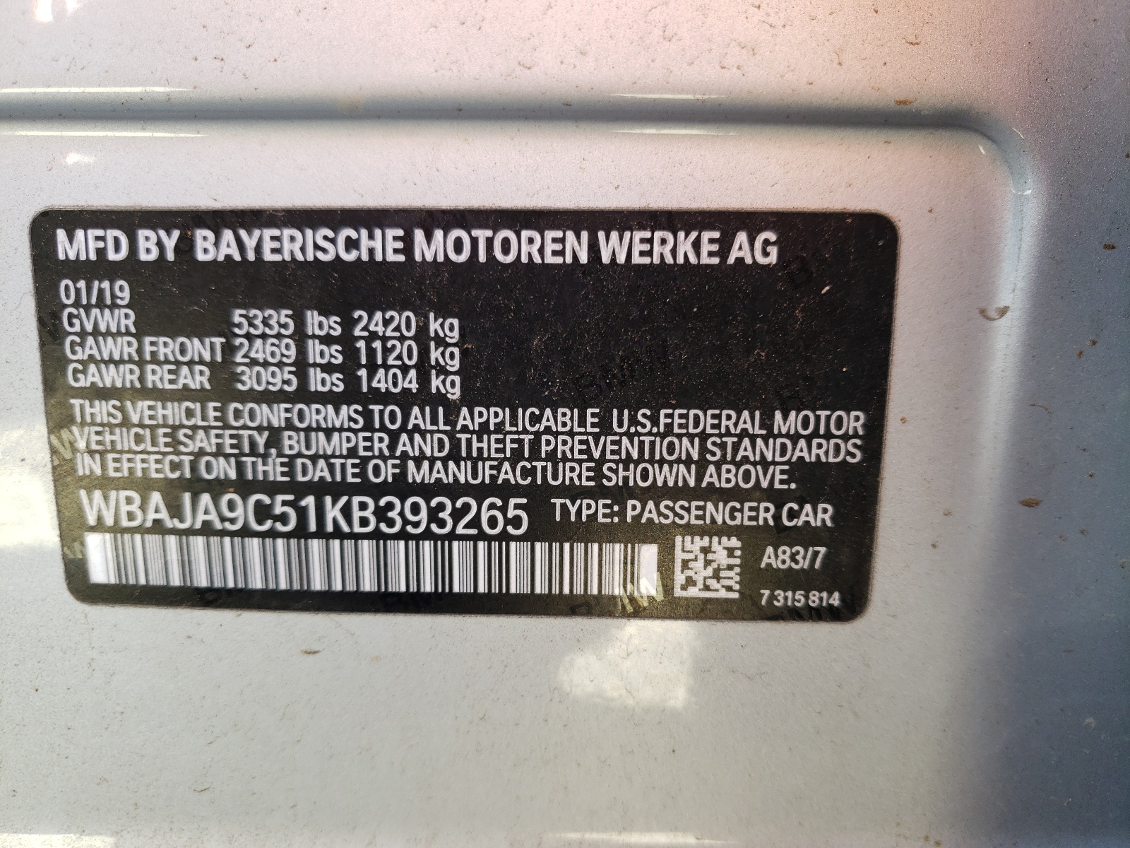 Photo 10 from auction – 2019 BMW 530E with VIN WBAJA9C51KB393265
