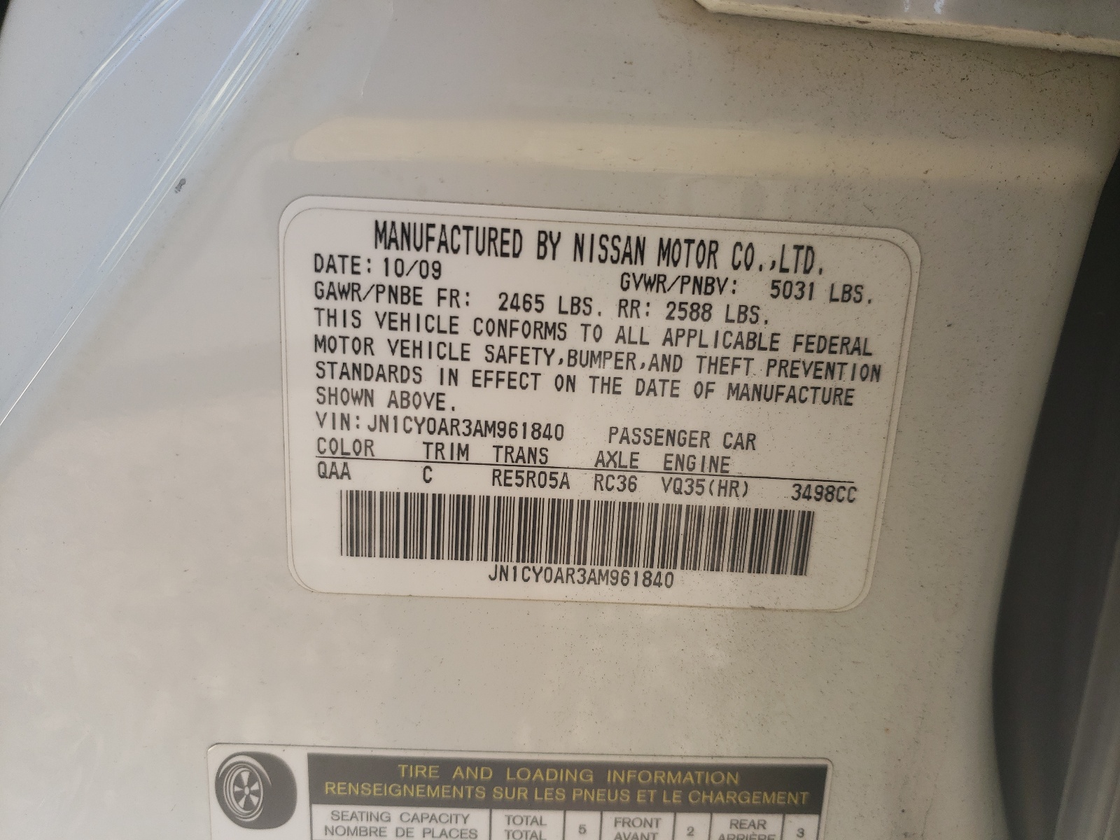 Photo 10 from auction – 2010 INFINITI M35 BASE with VIN JN1CY0AR3AM961840