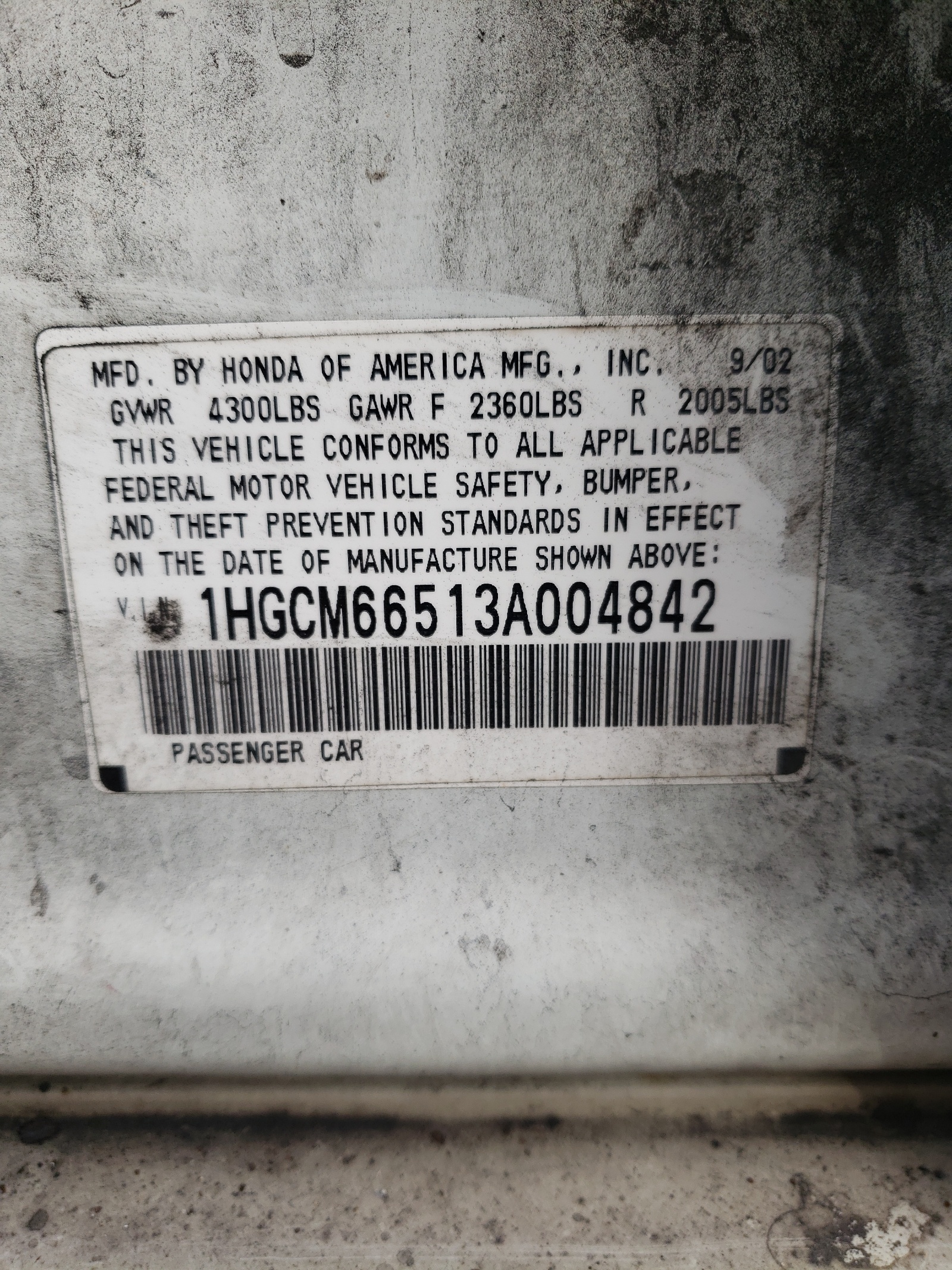 Photo 10 from auction – 2003 HONDA ACCORD EX with VIN 1HGCM66513A004842