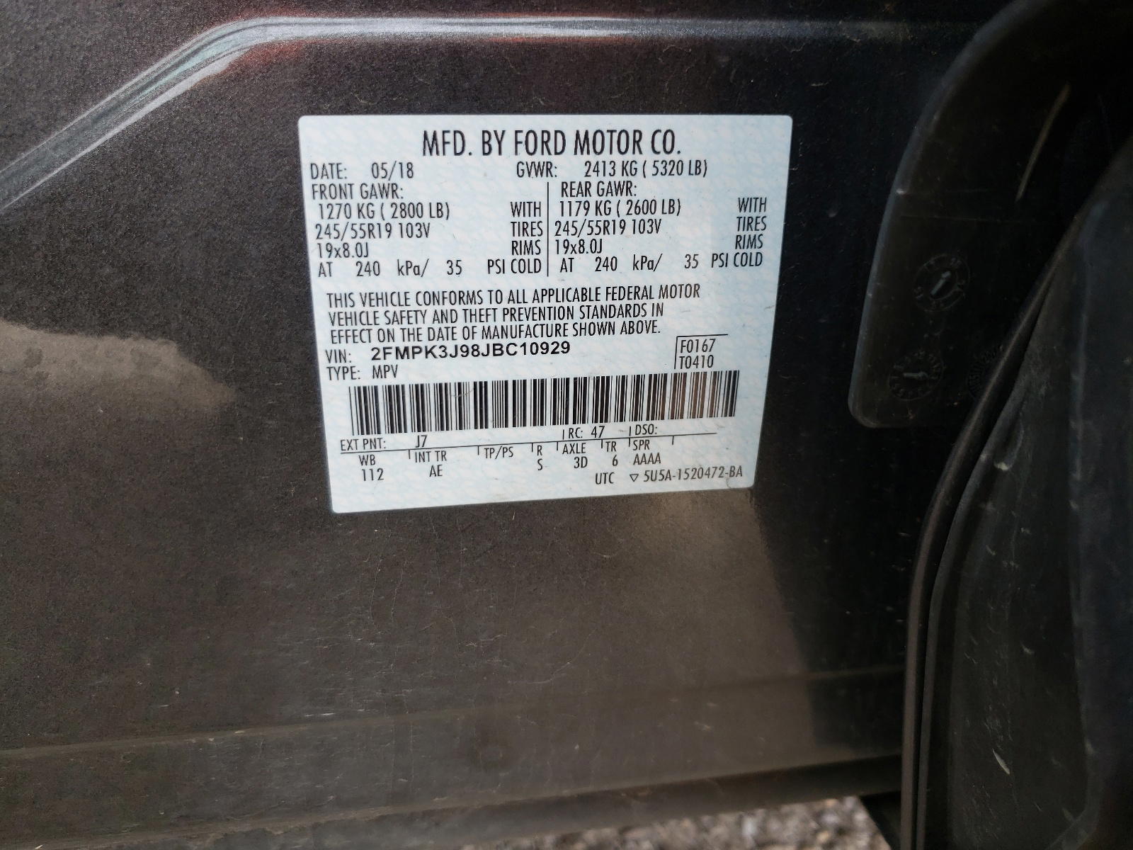 Photo 10 from auction – 2018 FORD EDGE SEL with VIN 2FMPK3J98JBC10929