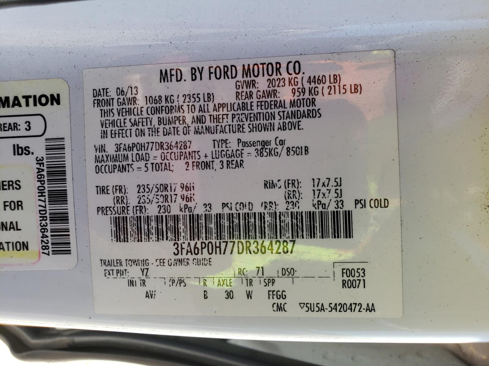 Photo 10 from auction – 2013 FORD FUSION SE with VIN 3FA6P0H77DR364287