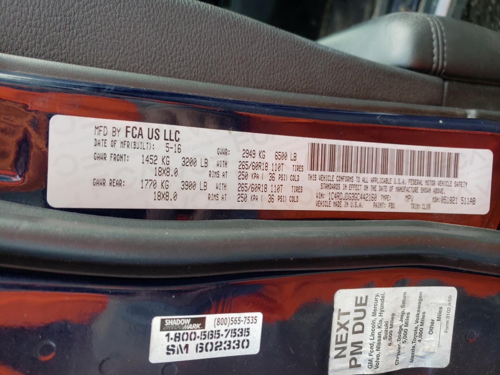 Photo 10 from auction – 2016 DODGE DURANGO LI with VIN 1C4RDJDG3GC442160