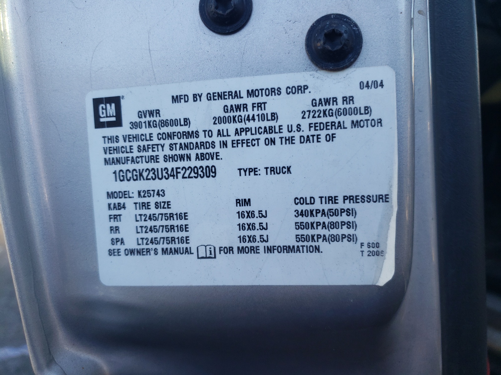 Photo 10 from auction – 2004 CHEVROLET SILVERADO with VIN 1GCGK23U34F229309