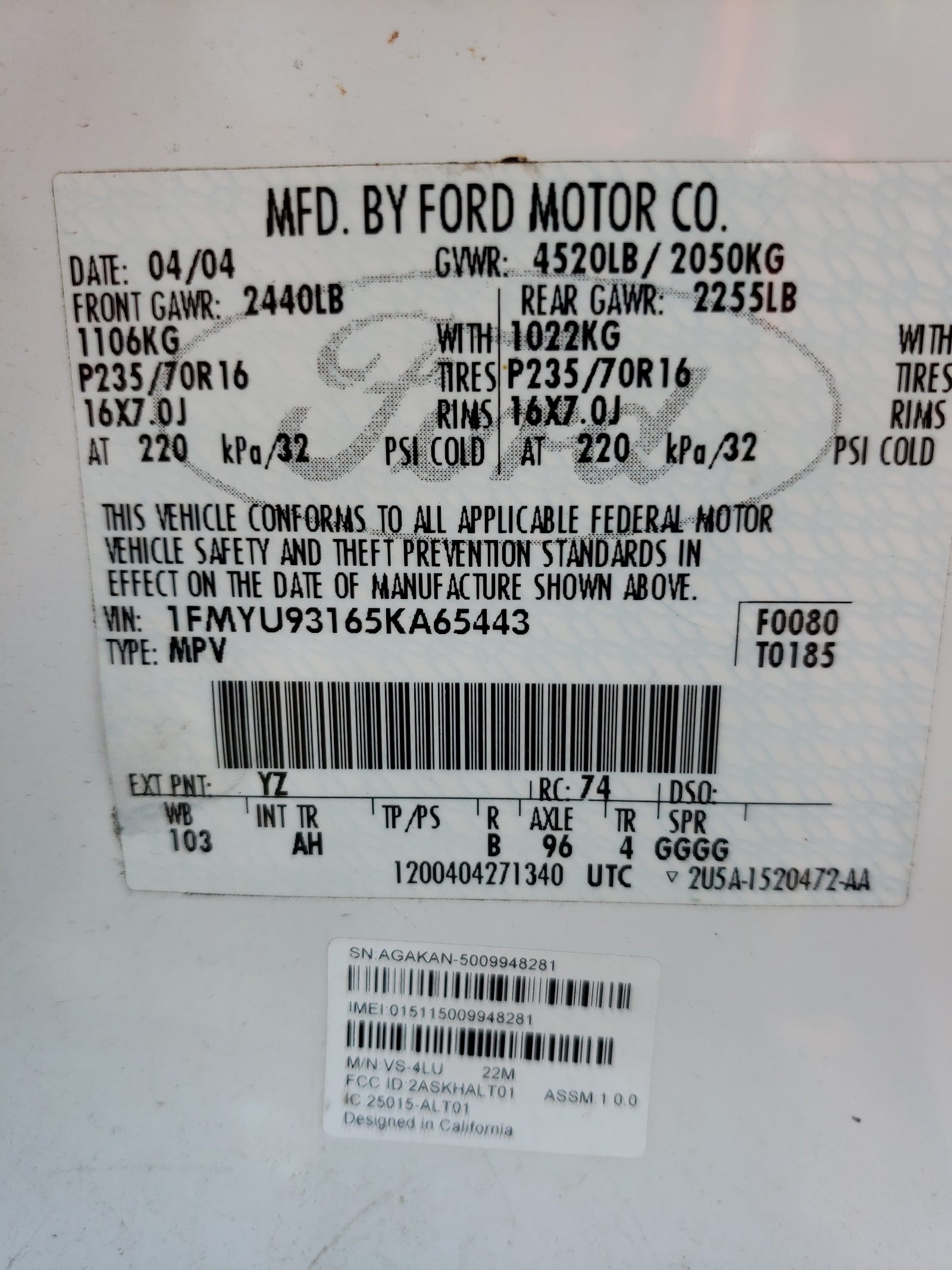 Photo 10 from auction – 2005 FORD ESCAPE XLT with VIN 1FMYU93165KA65443