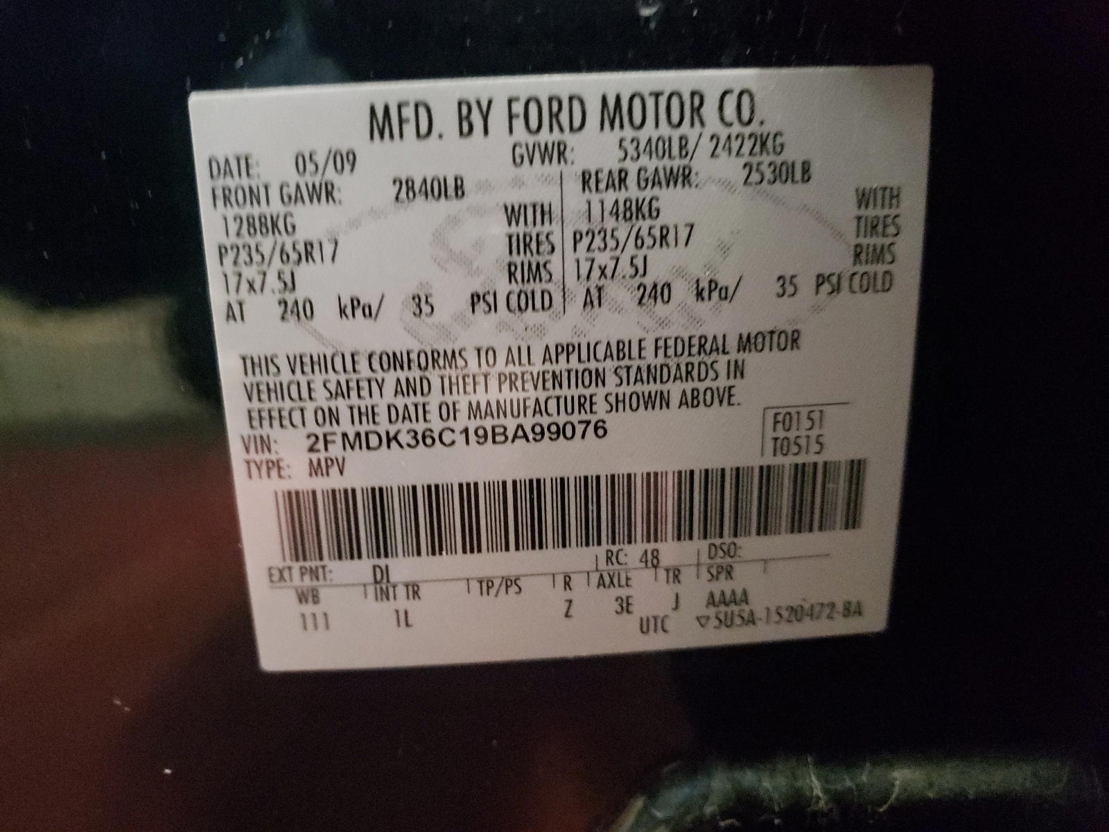 Photo 10 from auction – 2009 FORD EDGE SE with VIN 2FMDK36C19BA99076