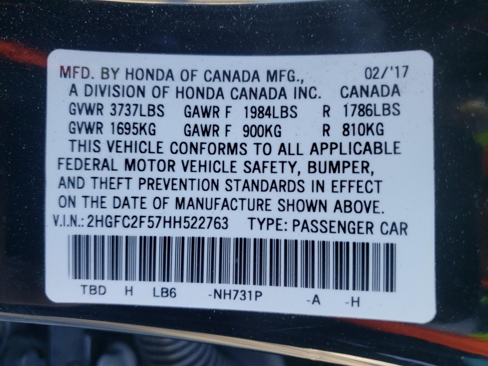 Photo 10 from auction – 2017 HONDA CIVIC LX with VIN 2HGFC2F57HH522763