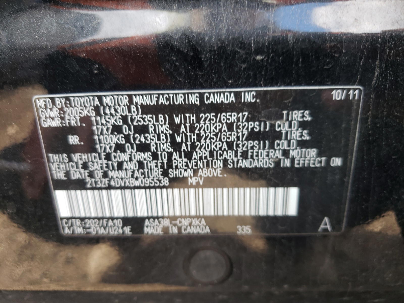 Photo 10 from auction – 2011 TOYOTA RAV4 with VIN 2T3ZF4DVXBW095538