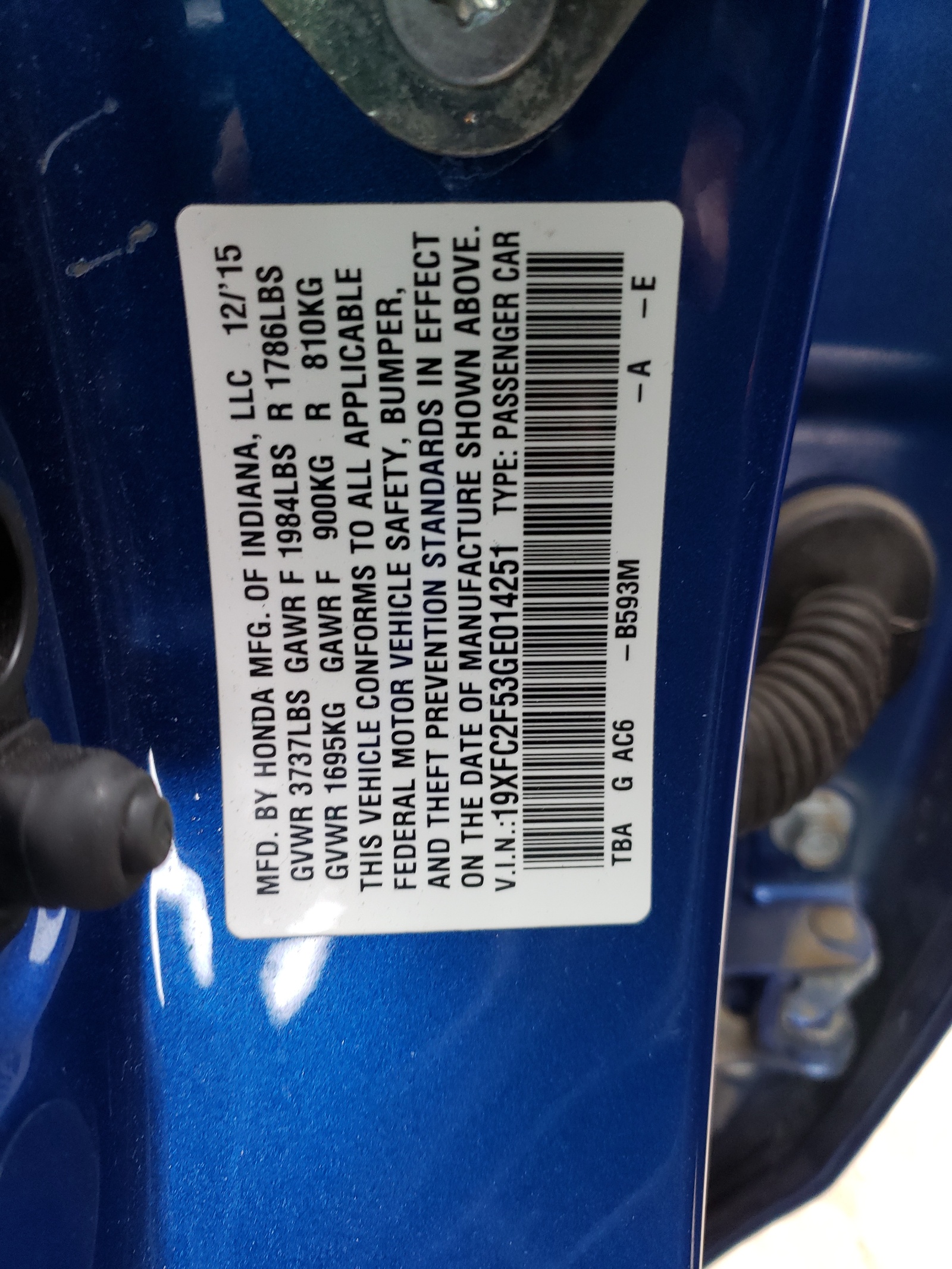 Photo 10 from auction – 2016 HONDA CIVIC LX with VIN 19XFC2F53GE014251