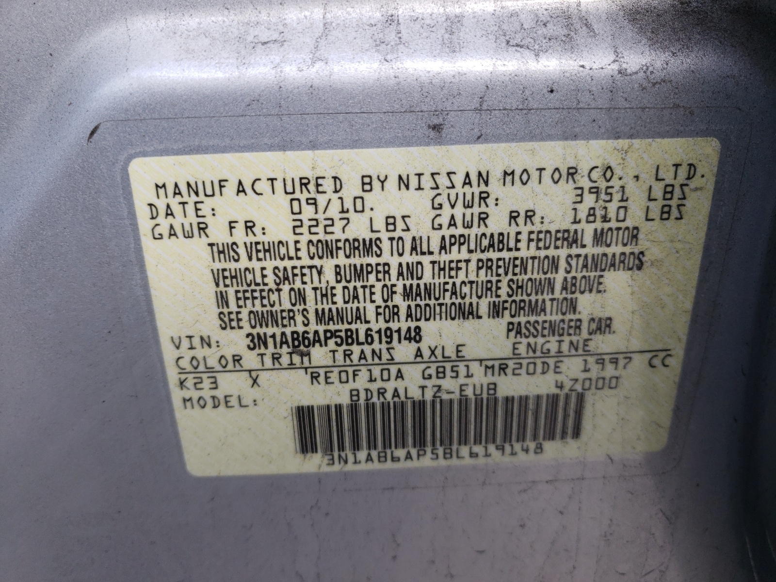 Photo 10 from auction – 2011 NISSAN SENTRA 2.0 with VIN 3N1AB6AP5BL619148