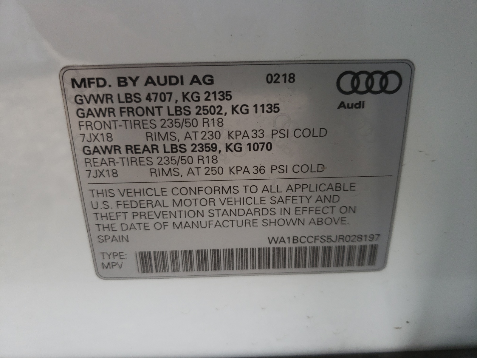Photo 10 from auction – 2018 AUDI Q3 PREMIUM with VIN WA1BCCFS5JR028197