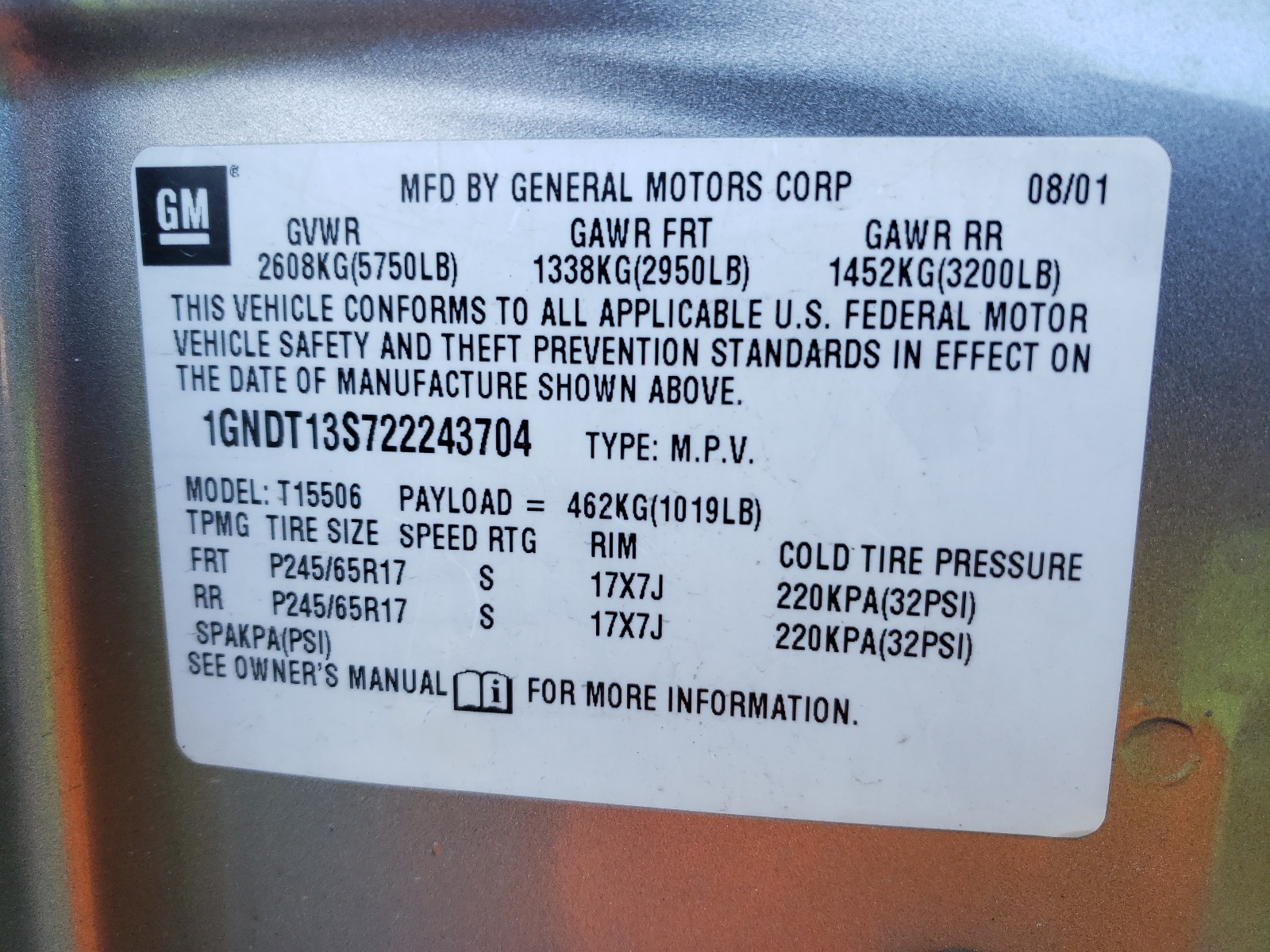 Photo 10 from auction – 2002 CHEVROLET TRAILBLAZE with VIN 1GNDT13S722243704