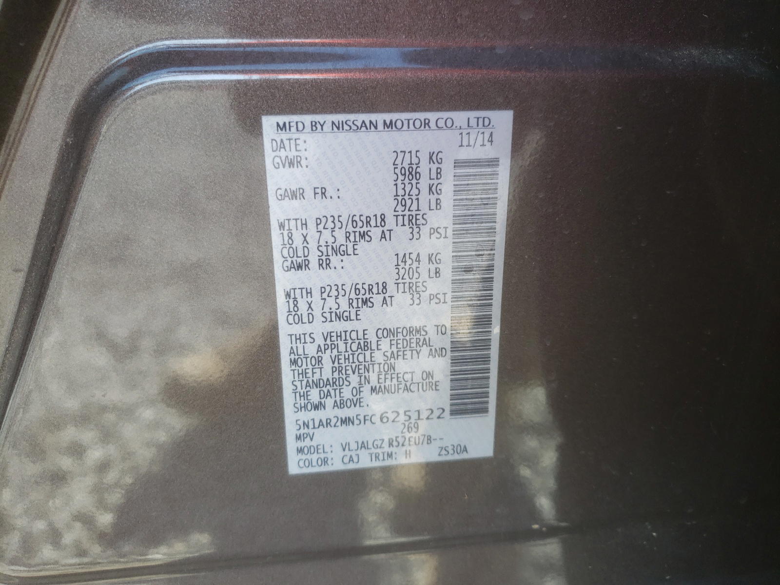 Photo 10 from auction – 2015 NISSAN PATHFINDER with VIN 5N1AR2MN5FC625122