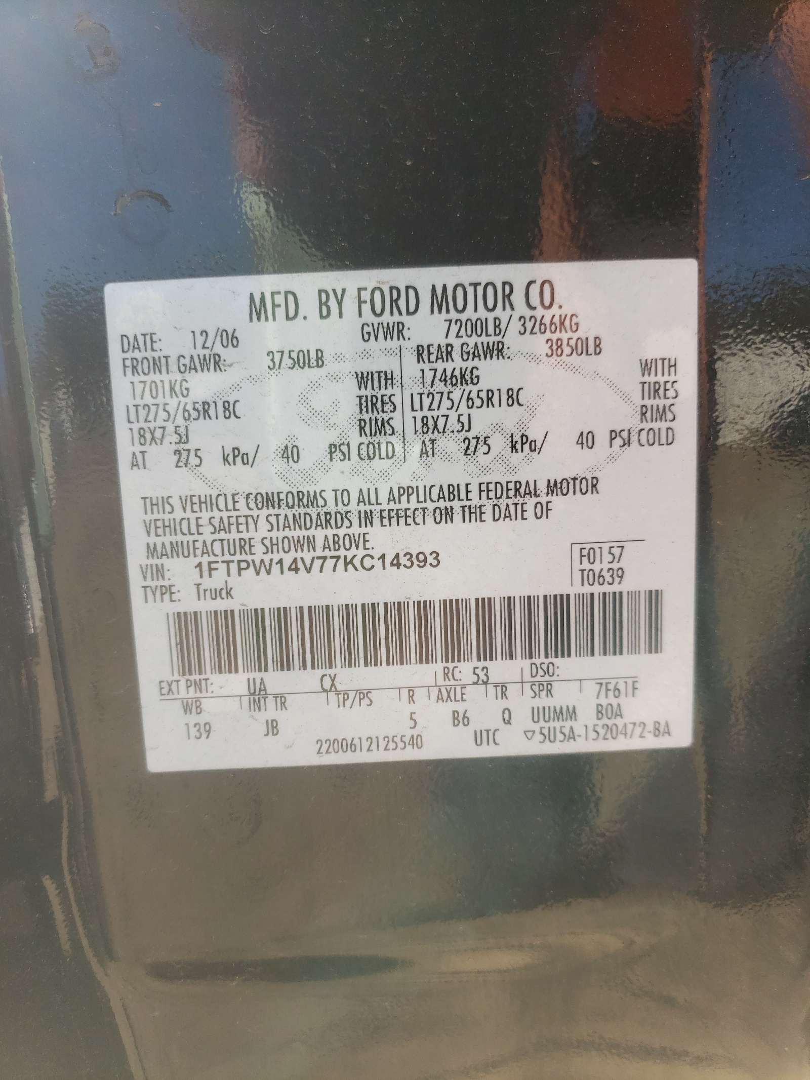 Photo 10 from auction – 2007 FORD F150 SUPER with VIN 1FTPW14V77KC14393