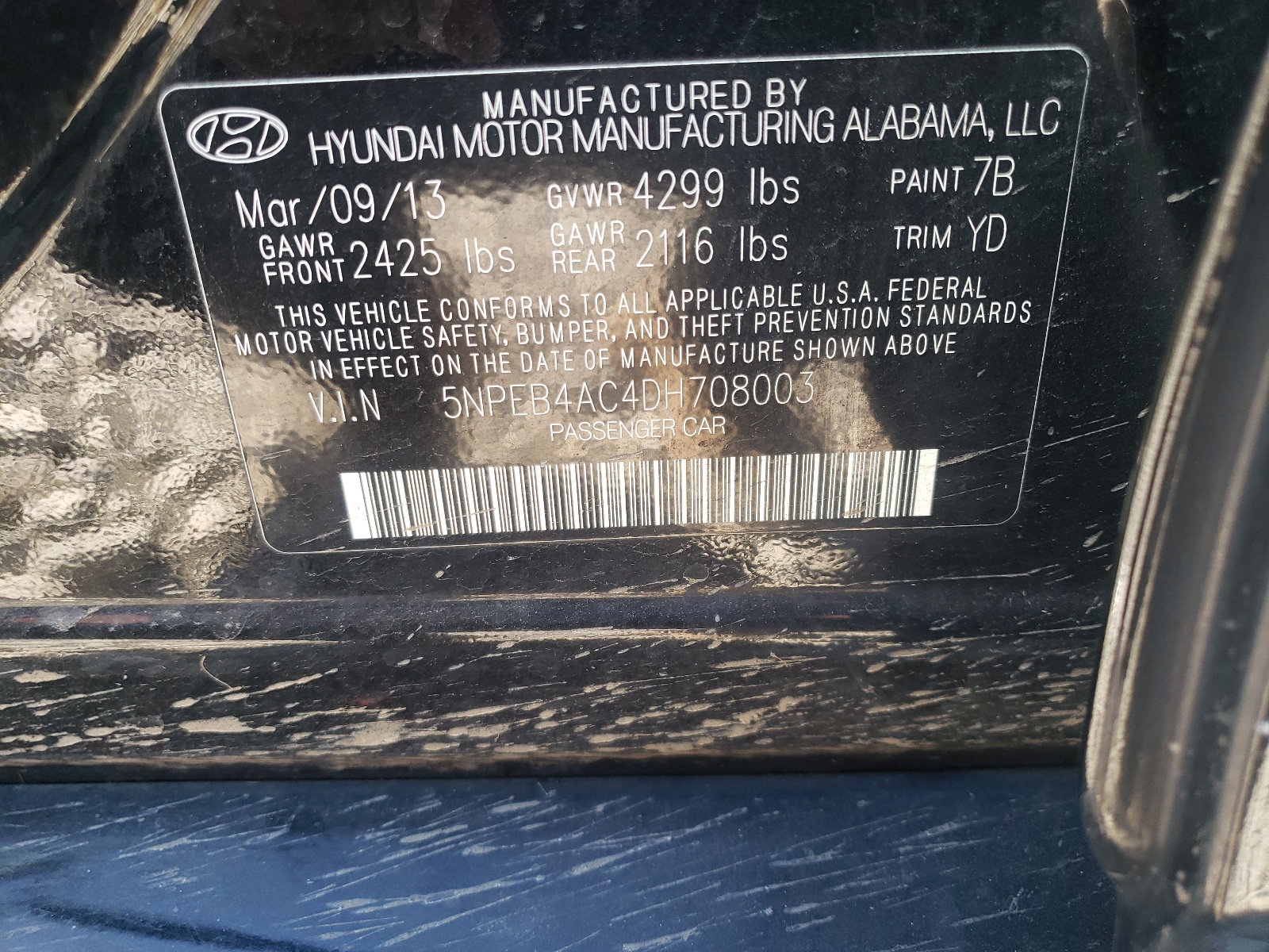 Photo 10 from auction – 2013 HYUNDAI SONATA GLS with VIN 5NPEB4AC4DH708003
