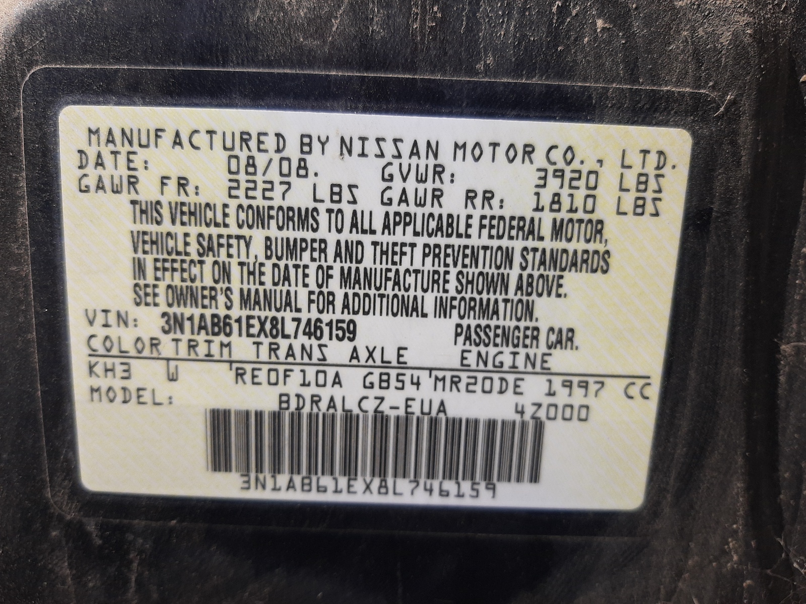 Photo 10 from auction – 2008 NISSAN SENTRA 2.0 with VIN 3N1AB61EX8L746159