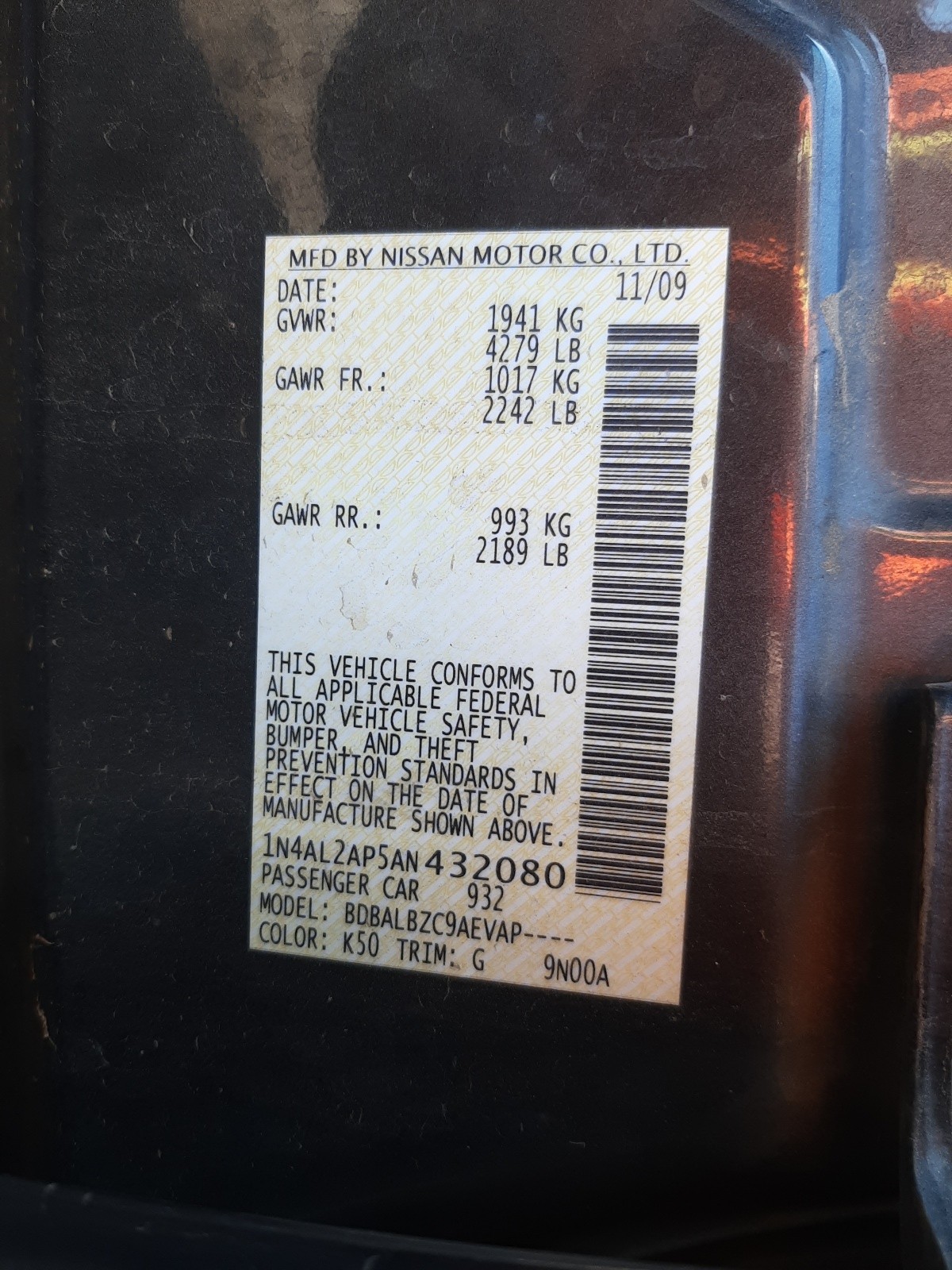 Photo 10 from auction – 2010 NISSAN ALTIMA BAS with VIN 1N4AL2AP5AN432080