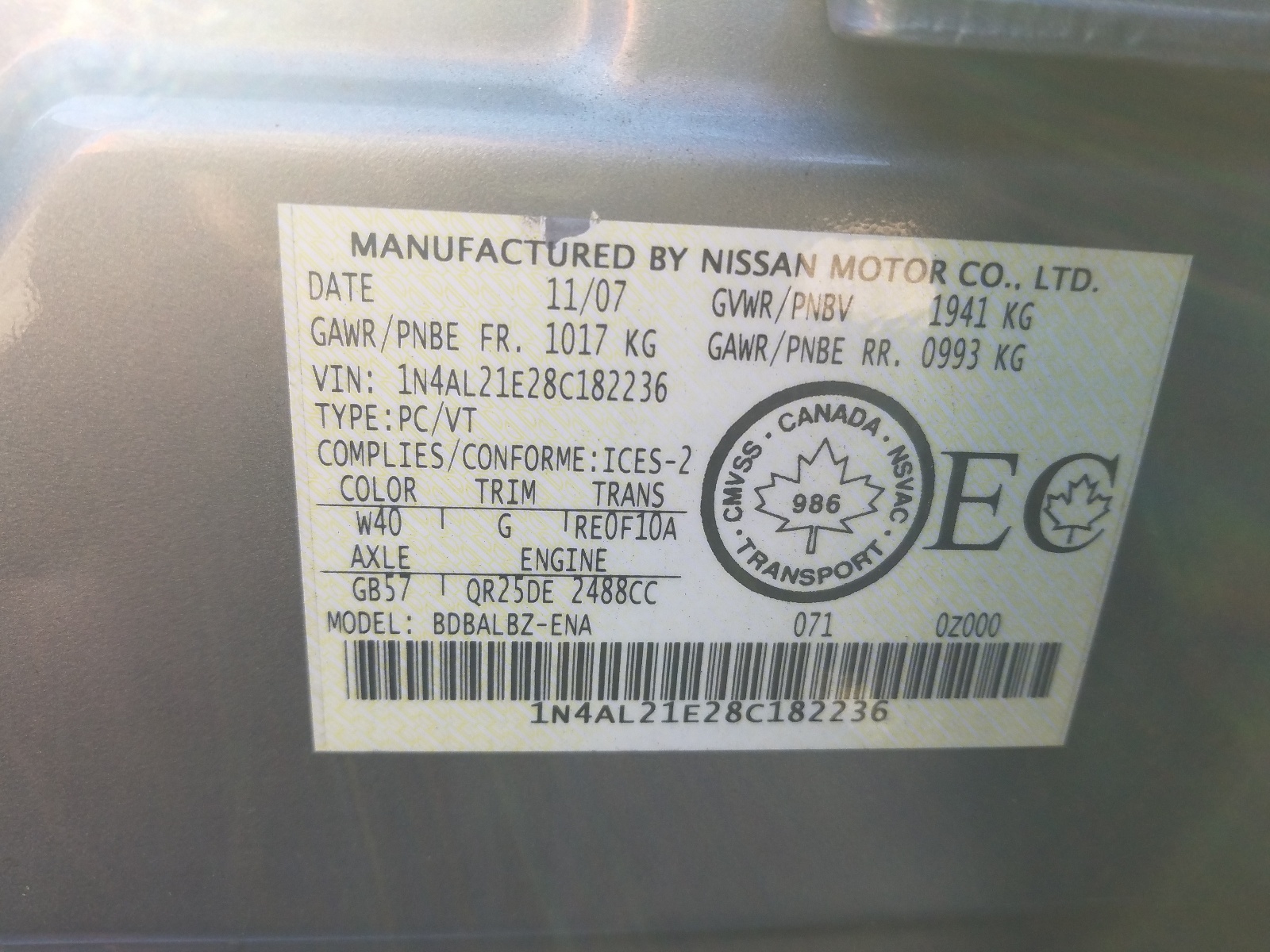 Photo 10 from auction – 2008 NISSAN ALTIMA 2.5 with VIN 1N4AL21E28C182236