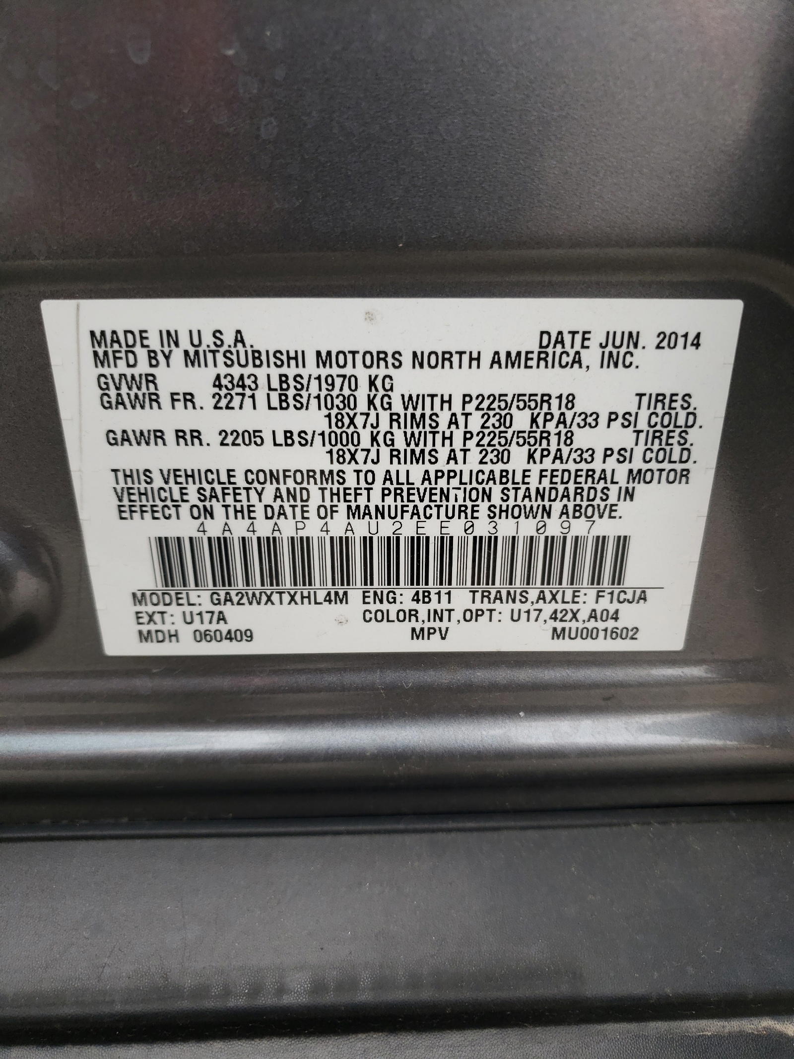 Photo 10 from auction – 2014 MITSUBISHI OUTLANDER with VIN 4A4AP4AU2EE031097