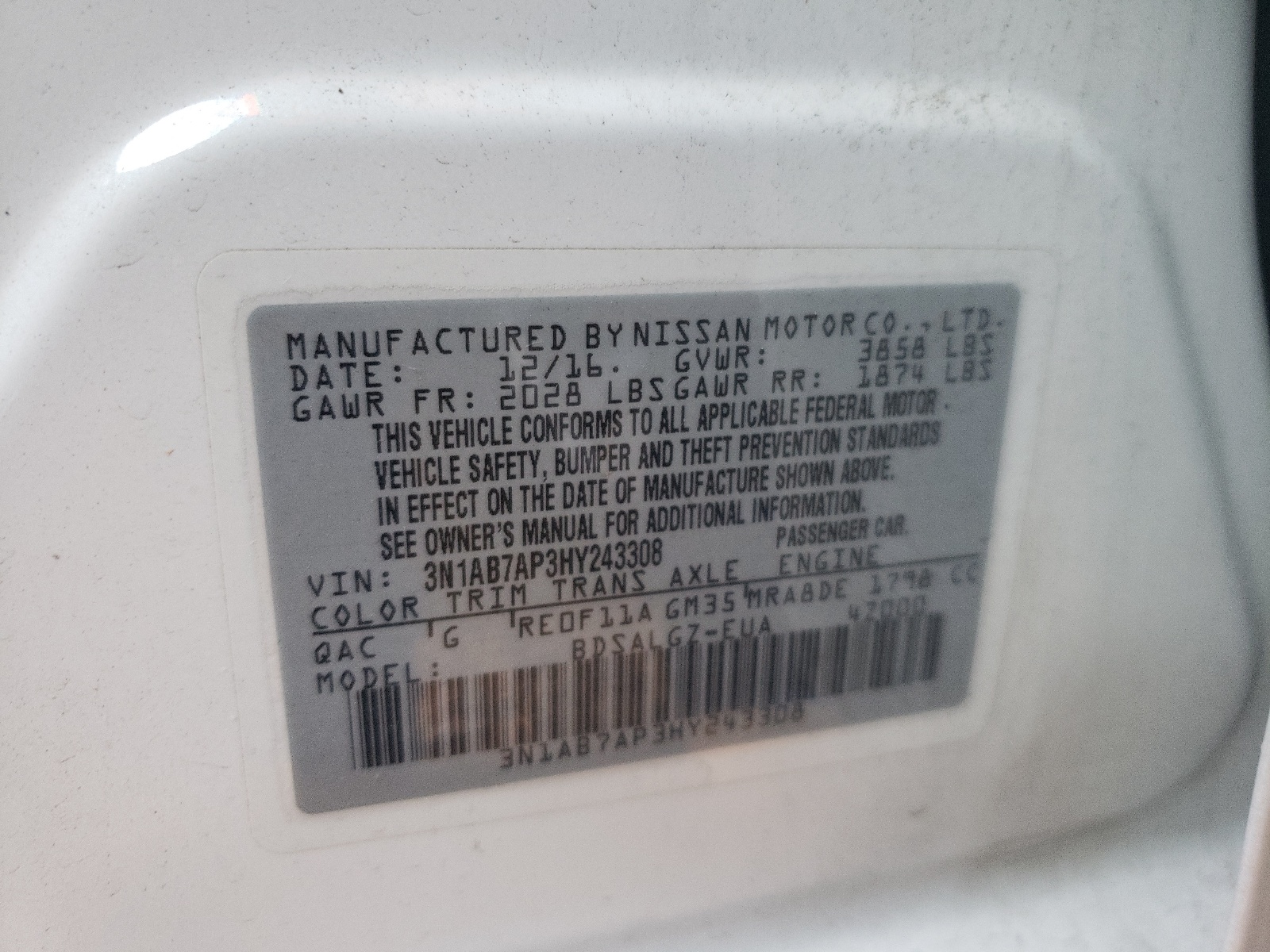 Photo 10 from auction – 2017 NISSAN SENTRA S with VIN 3N1AB7AP3HY243308