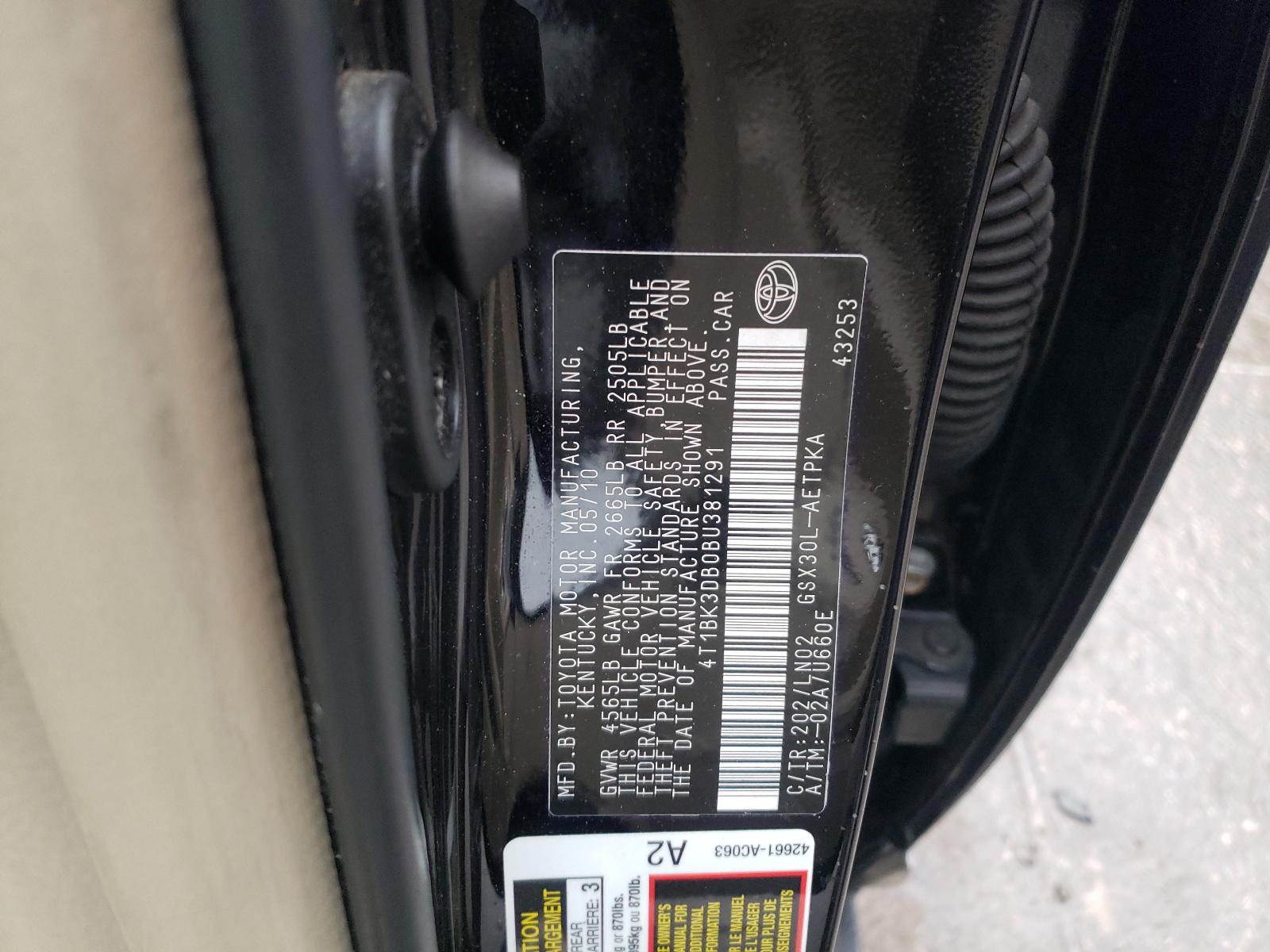 Photo 10 from auction – 2011 TOYOTA AVALON BAS with VIN 4T1BK3DB0BU381291
