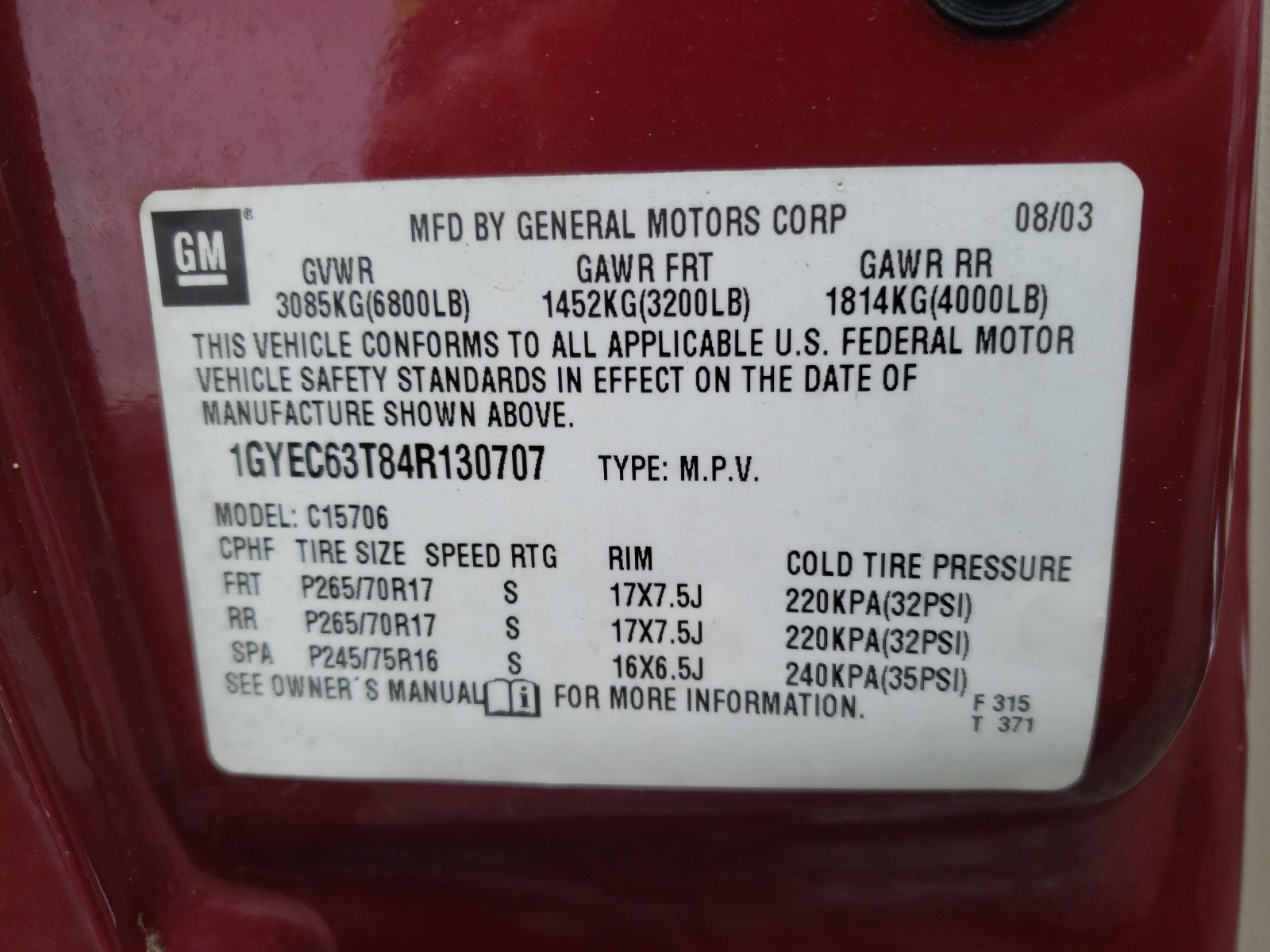 Photo 10 from auction – 2004 CADILLAC ESCALADE L with VIN 1GYEC63T84R130707