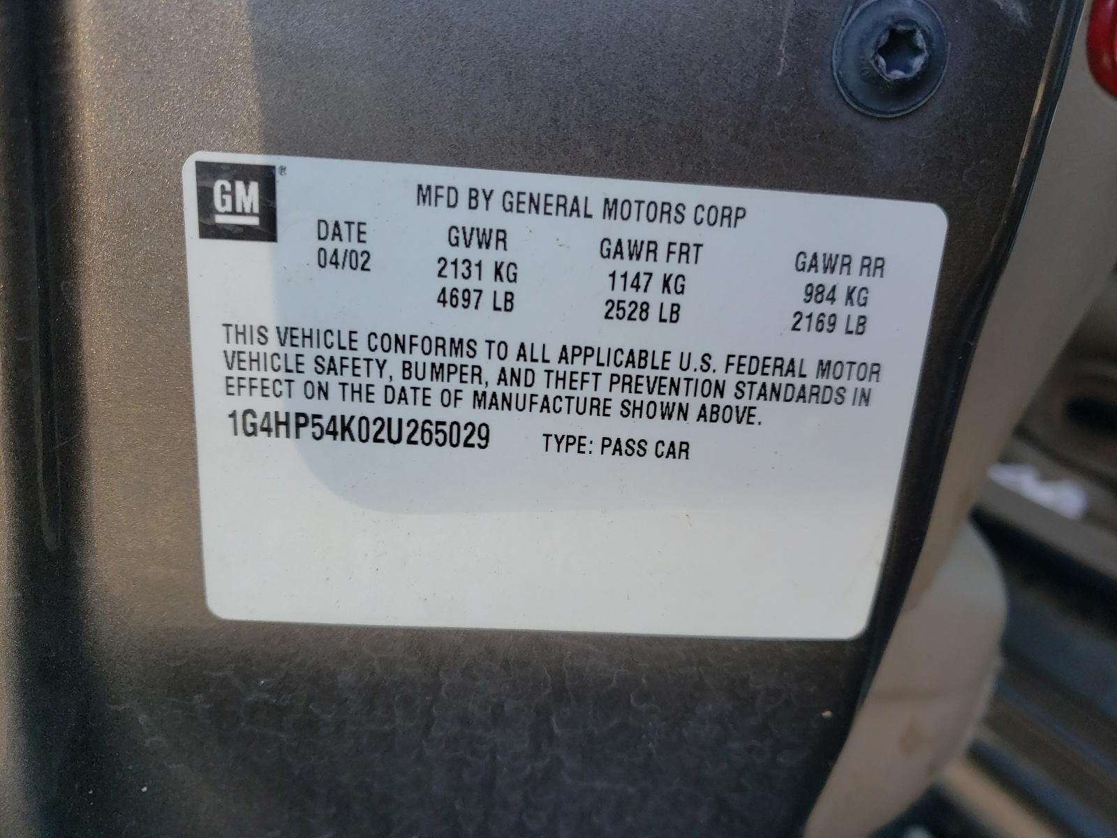 Photo 10 from auction – 2002 BUICK LESABRE CU with VIN 1G4HP54K02U265029