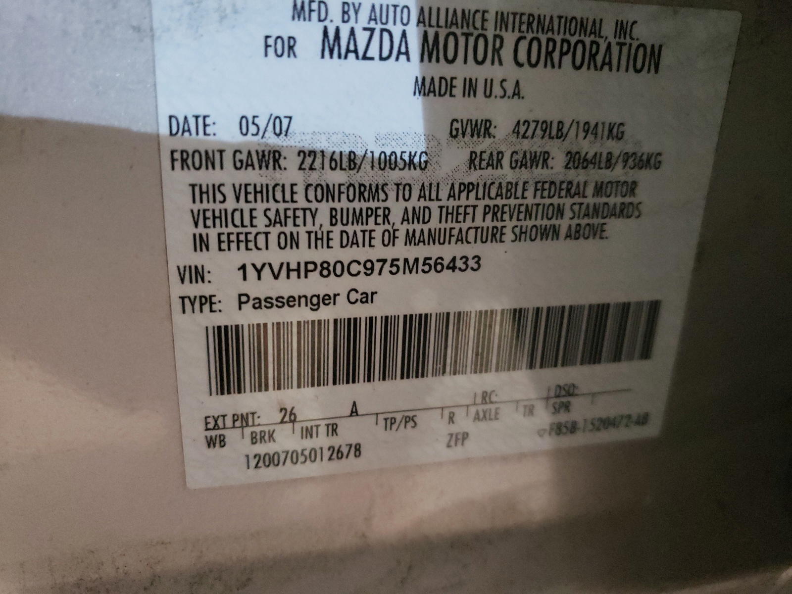 Photo 10 from auction – 2007 MAZDA 6 I with VIN 1YVHP80C975M56433