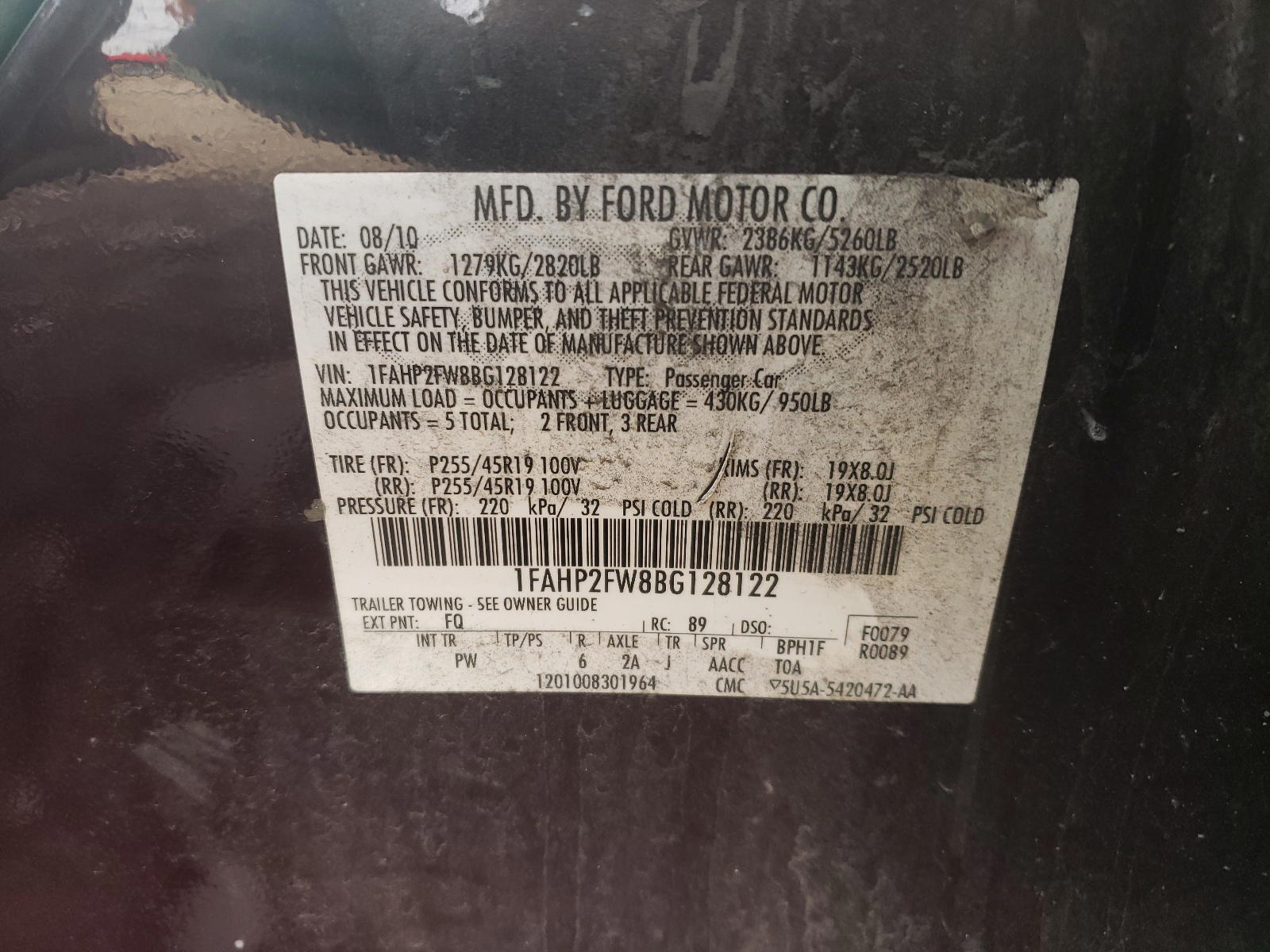 Photo 10 from auction – 2011 FORD TAURUS LIM with VIN 1FAHP2FW8BG128122