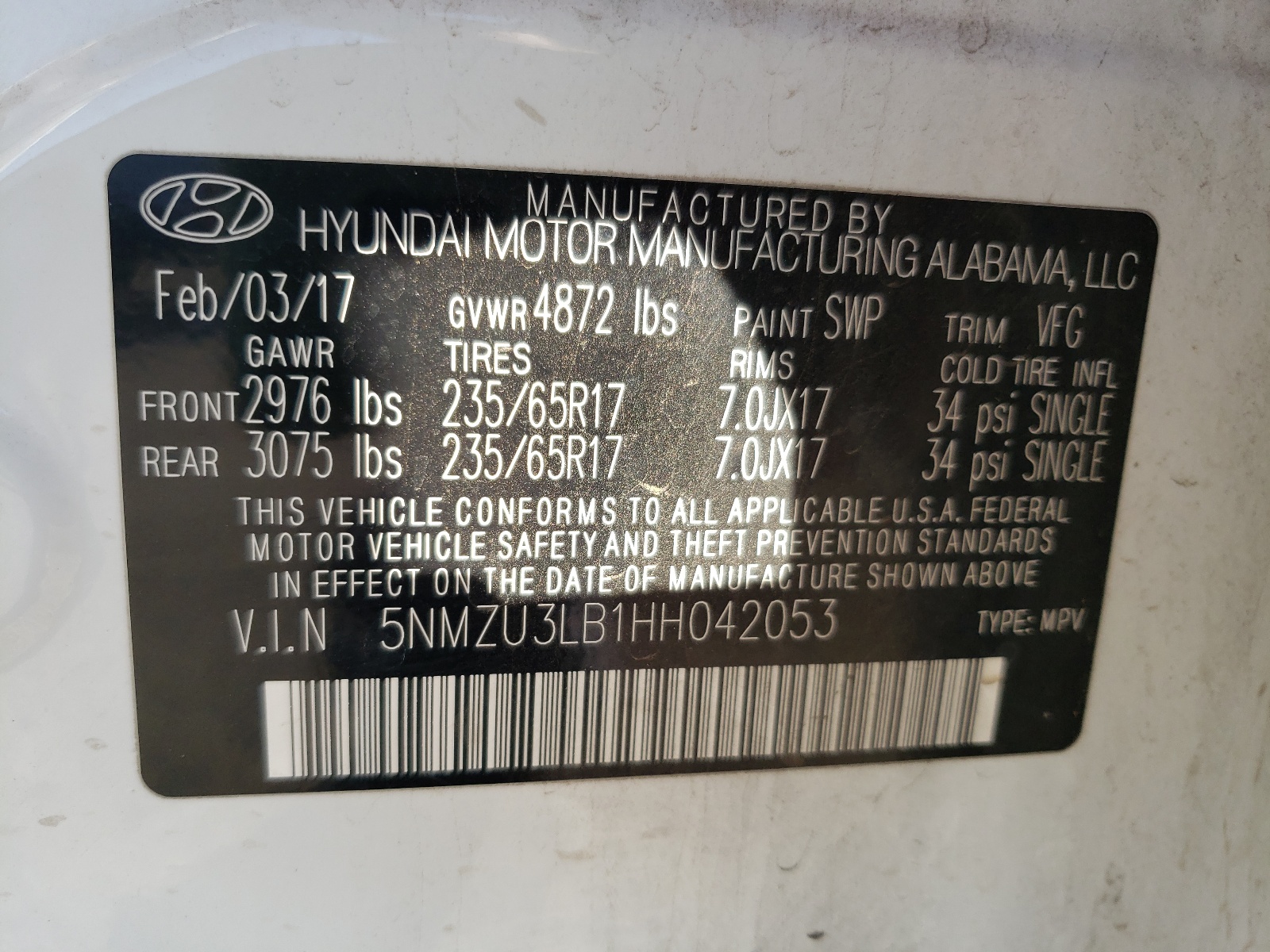 Photo 10 from auction – 2017 HYUNDAI SANTA FE S with VIN 5NMZU3LB1HH042053