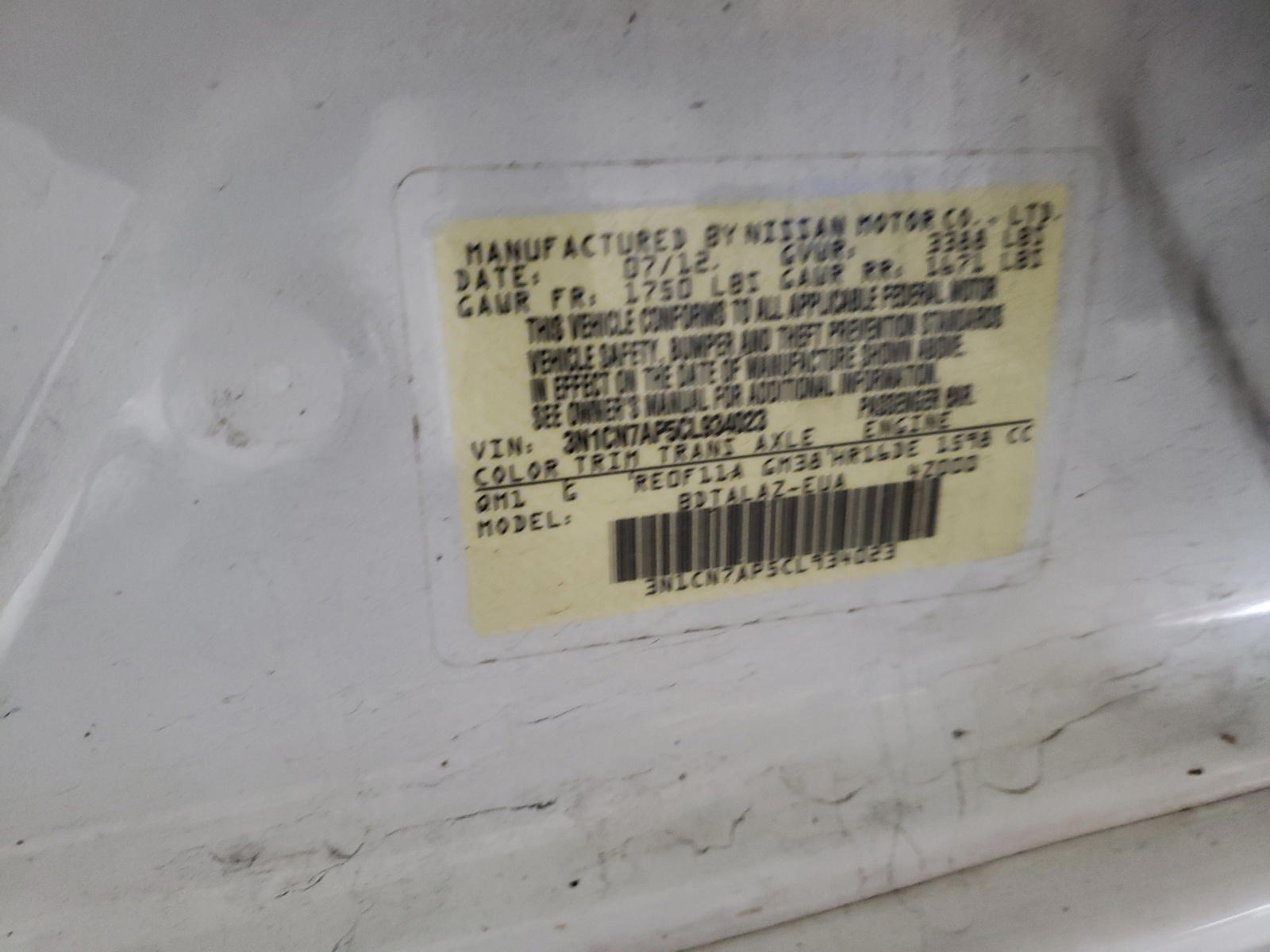 Photo 10 from auction – 2012 NISSAN VERSA S with VIN 3N1CN7AP5CL934023